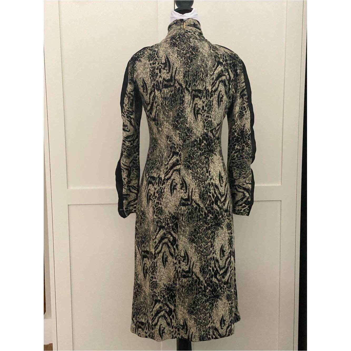 Roberto Cavalli Vintage Black Cream Snakeskin Wool Long Sleeve Dress Medium
