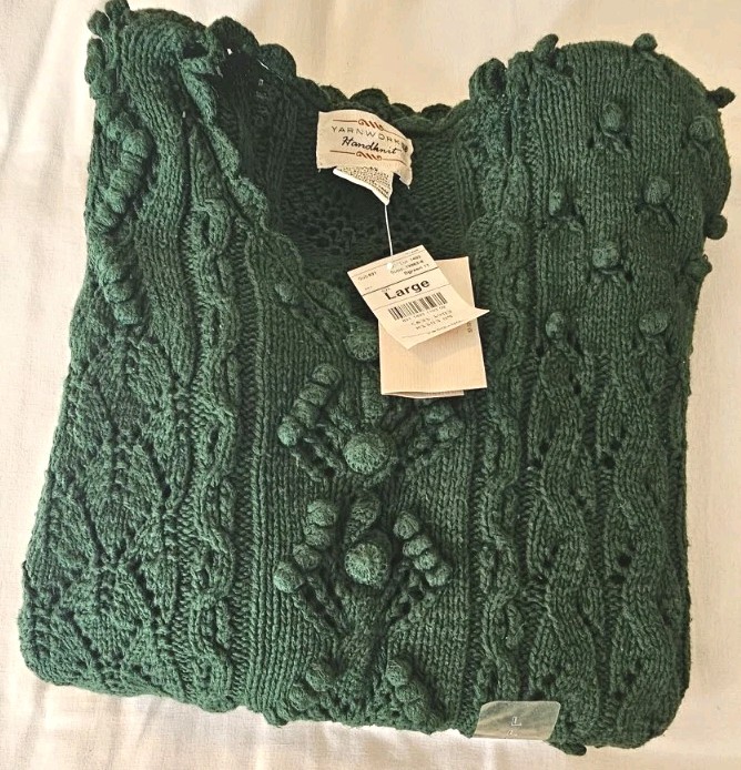 NWT Deadstock Vtg 90s Yarnworks Handknit Sweater Womens Size L Green Chunky