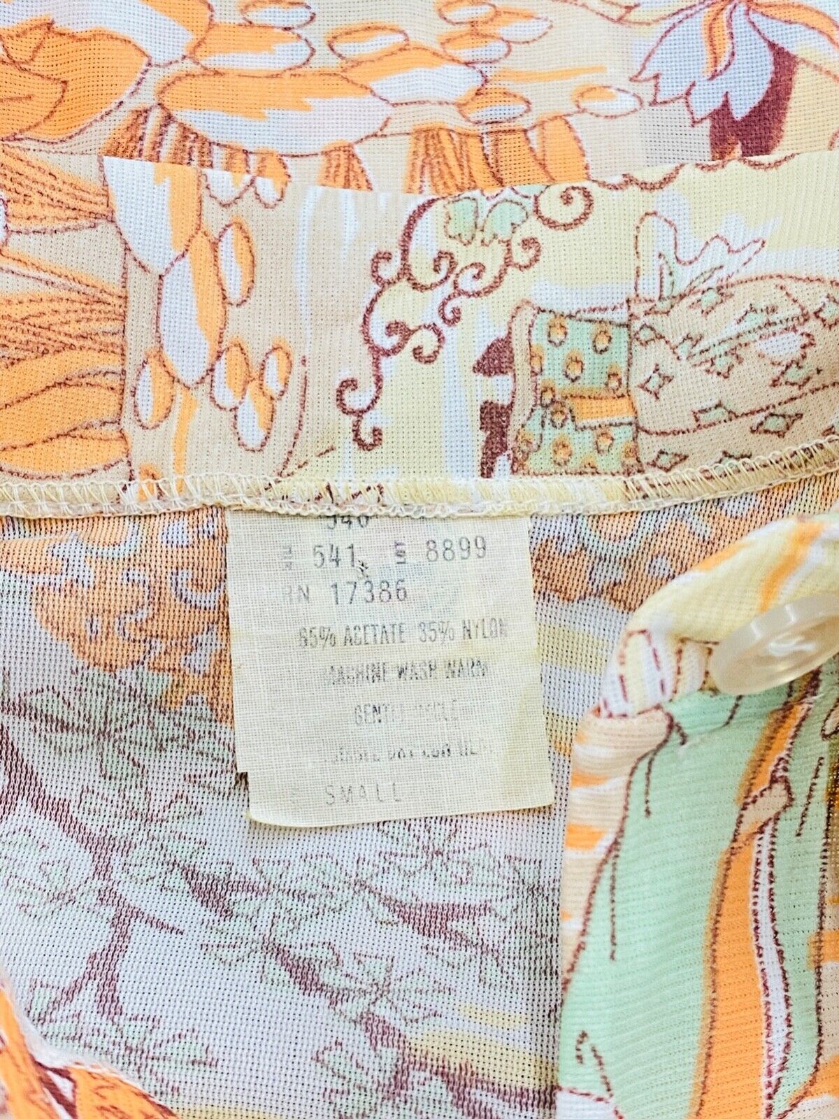 Vintage 1970s novelty print crop top geisha ladies white orange blouse tie waist