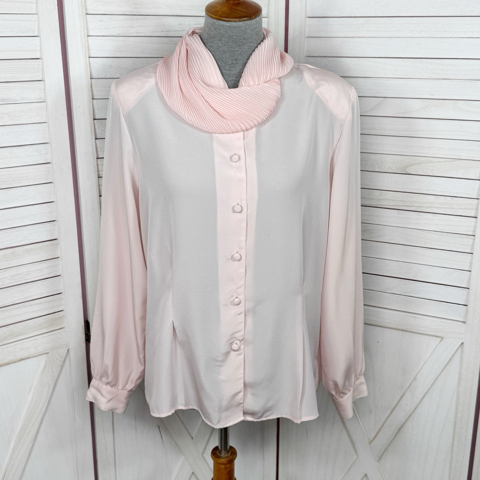 Vintage 80s 90s Eva Laurel Blouse 12 Blush Pink Crinkle Pleated Cowl Neck Satin