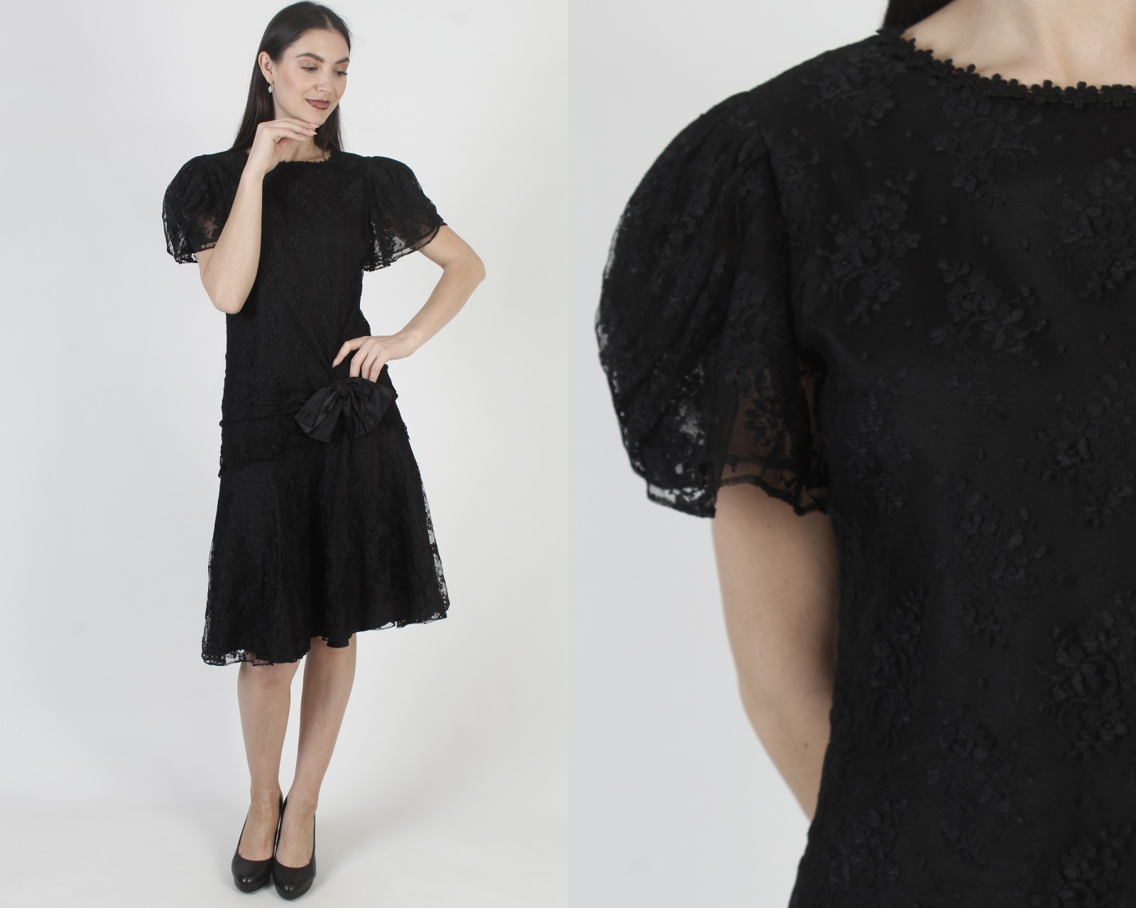 Vtg 80s Barbara Chodos Deco Dress Michael Marcelle Goth Lace Flapper Gown 8