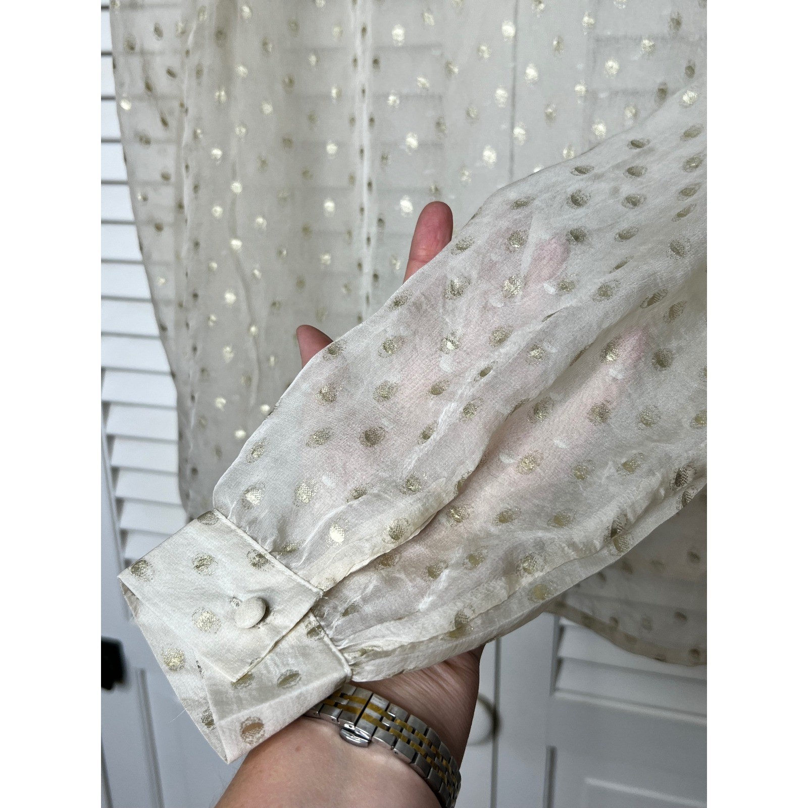 Vintage Sheer Ivory Gold Clip Dot Blouse Peter Pan Collar Size L