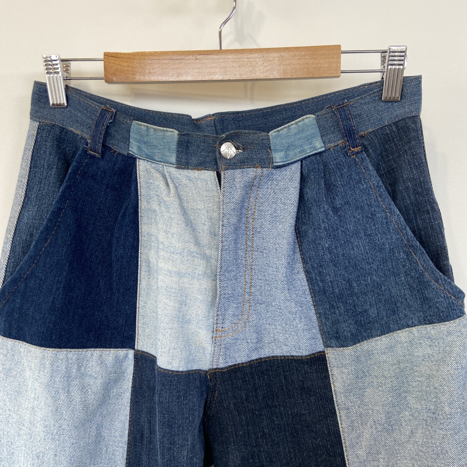 Vintage CUSTOM Denim Patchwork Wide Leg Jeans 30” Waist 80’s High Waist Gathered