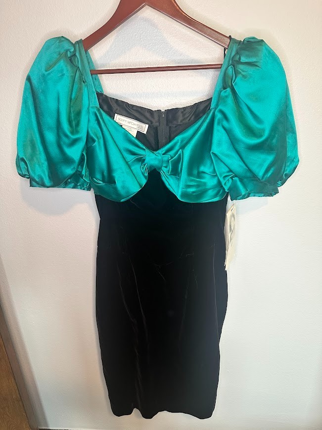 NWT Vintage 80s Scott Mcclintock Black Velvet Emerald Teal Satin Puff Sleeve -10
