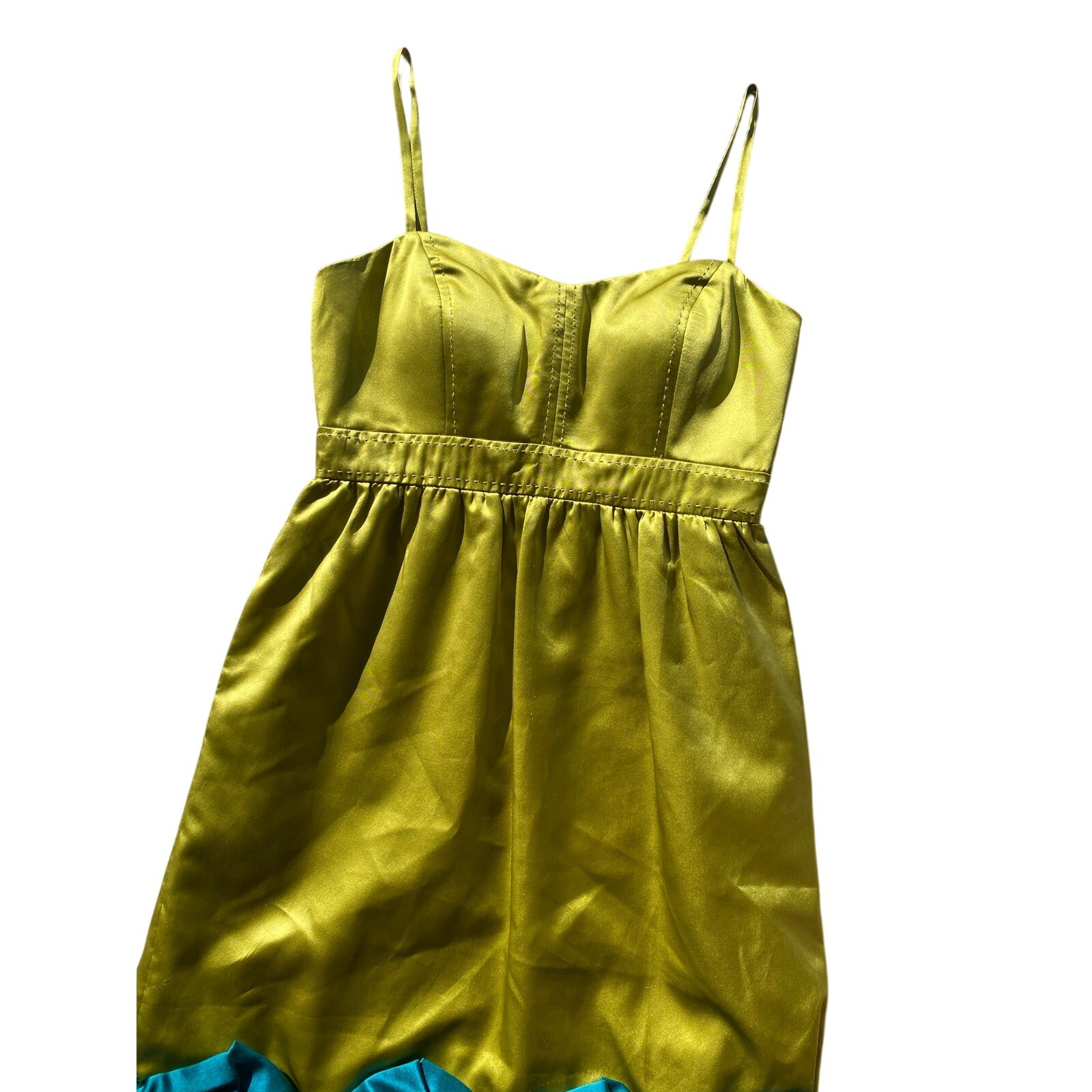 Y2k Chartreuse Green Silk Mini Dress Preppy Phoebe Couture Blue Bow Bratz Doll