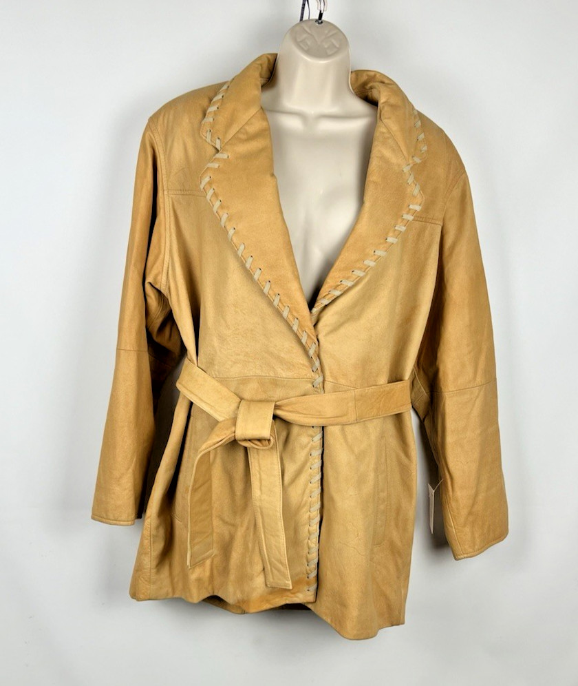 VTG Wilsons Adventure Bound Tan Leather Belted M Lined Jacket Whip Stitch Edges