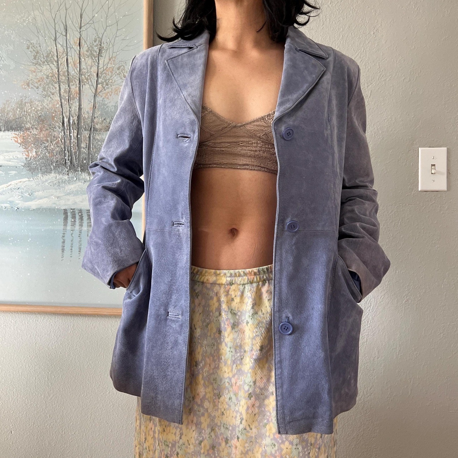 Vintage 1990s Lavender Suede Jacket Minimalist Leather Blazer Lage