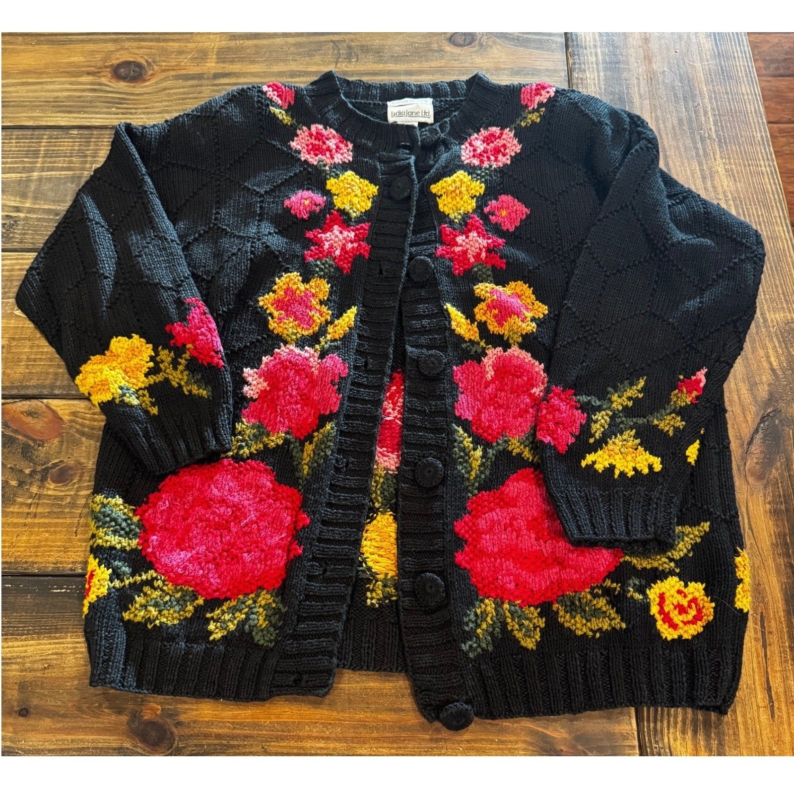 Vintage Lydia Jane Floral Sweater Women M Cotton Blend Button Front Cottagecore