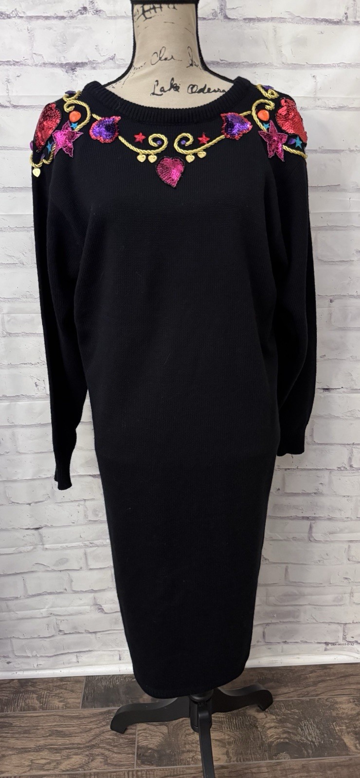 Plain Jane Sz L Black Sweater Dress Ugly Retro Maximalist Bling Sequin Novelty