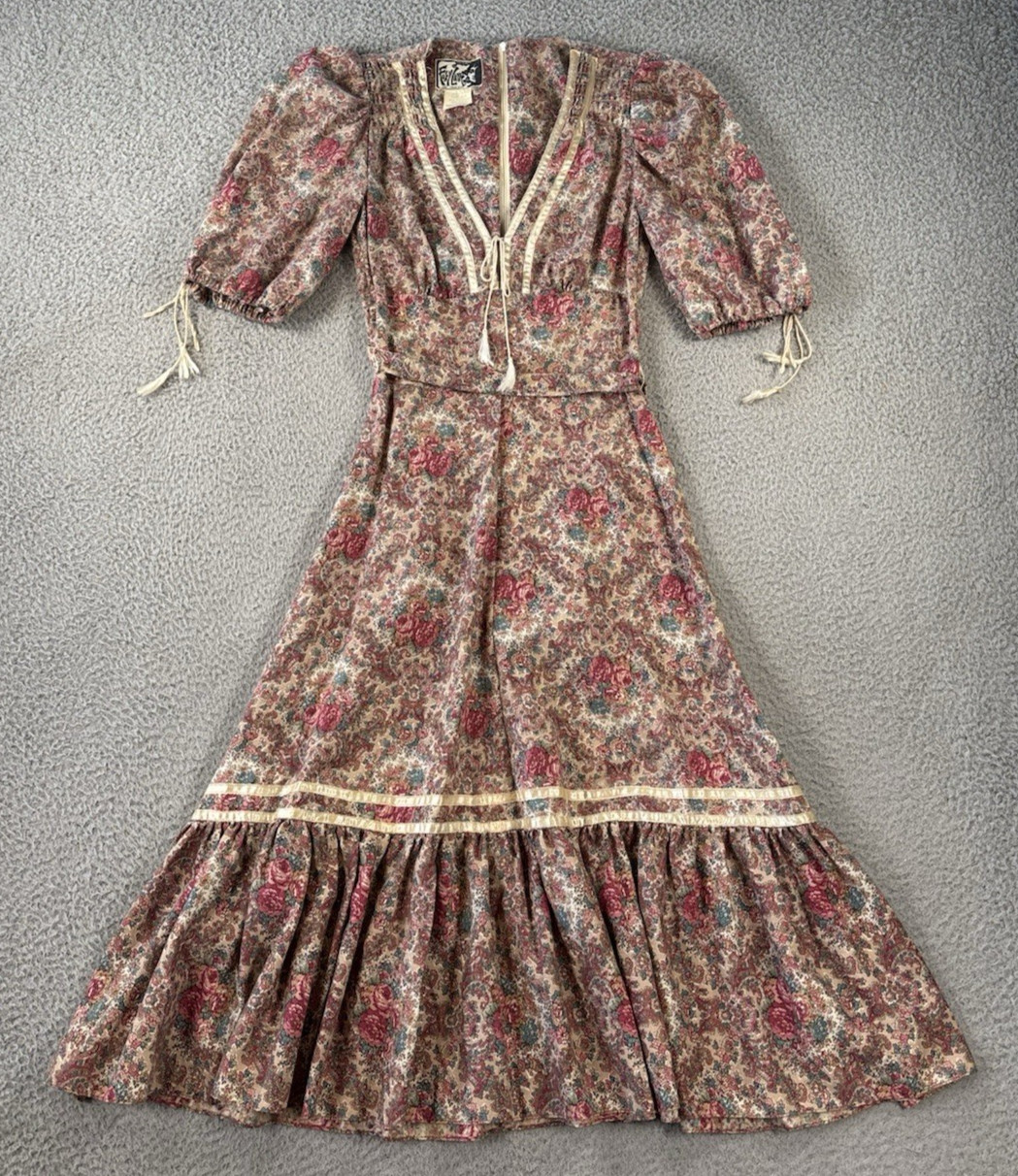 Vintage Foxy Lady San Francisco Dress Womens 5/6 Hippie Prairie Boho Floral 70s