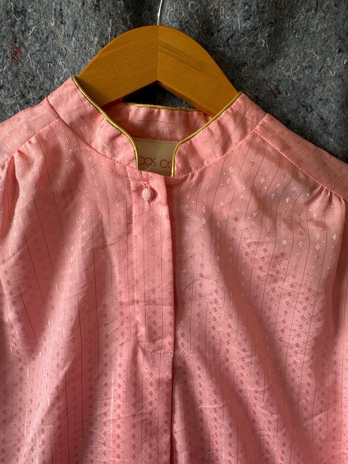 Vintage COS COB 15/16 Pink Metallic Jacquard Blouse Collar Gold Trim NWOT