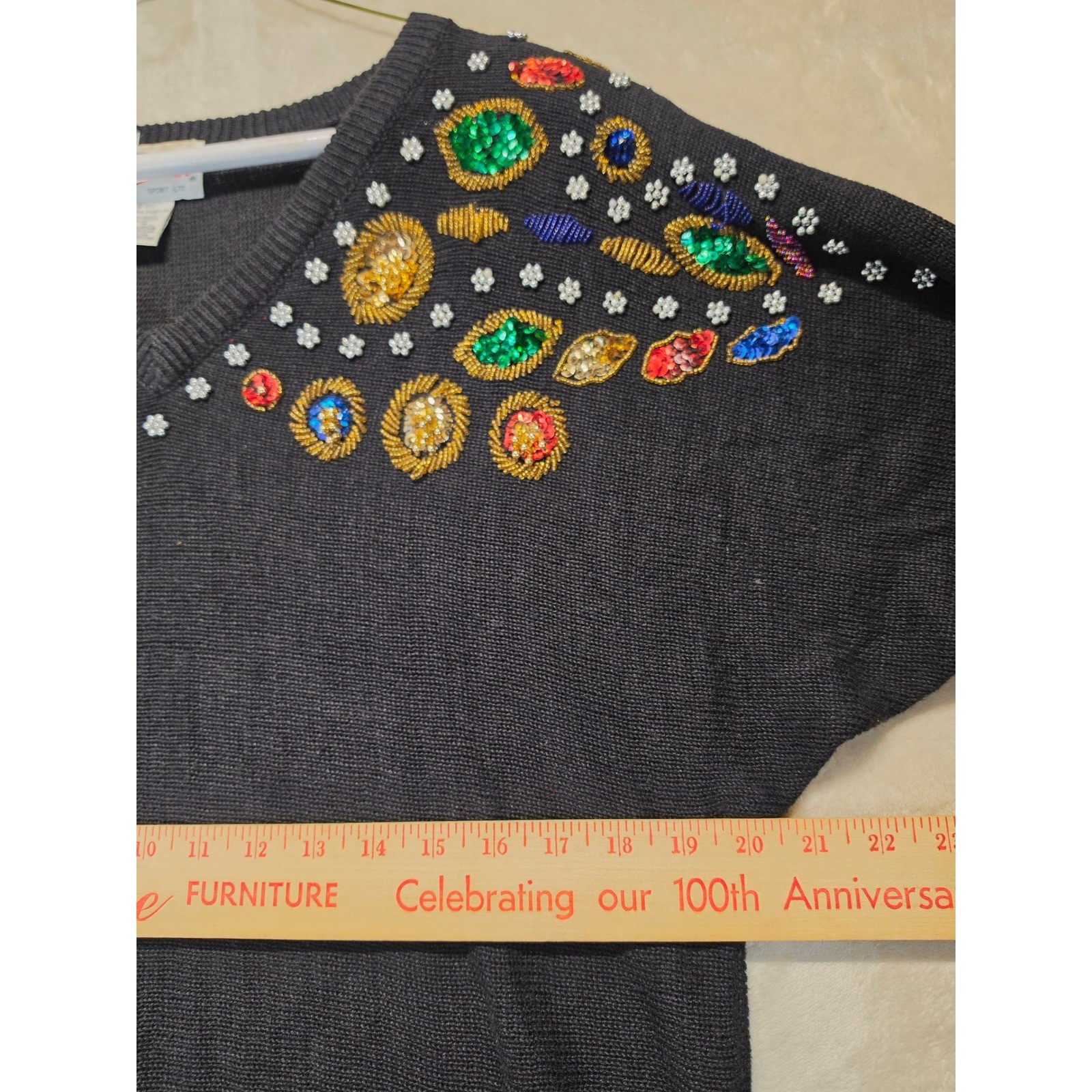 Vintage 1991 SML Sport Ltd Black Beaded Sequin V-Neck Sweater Womens M Retro