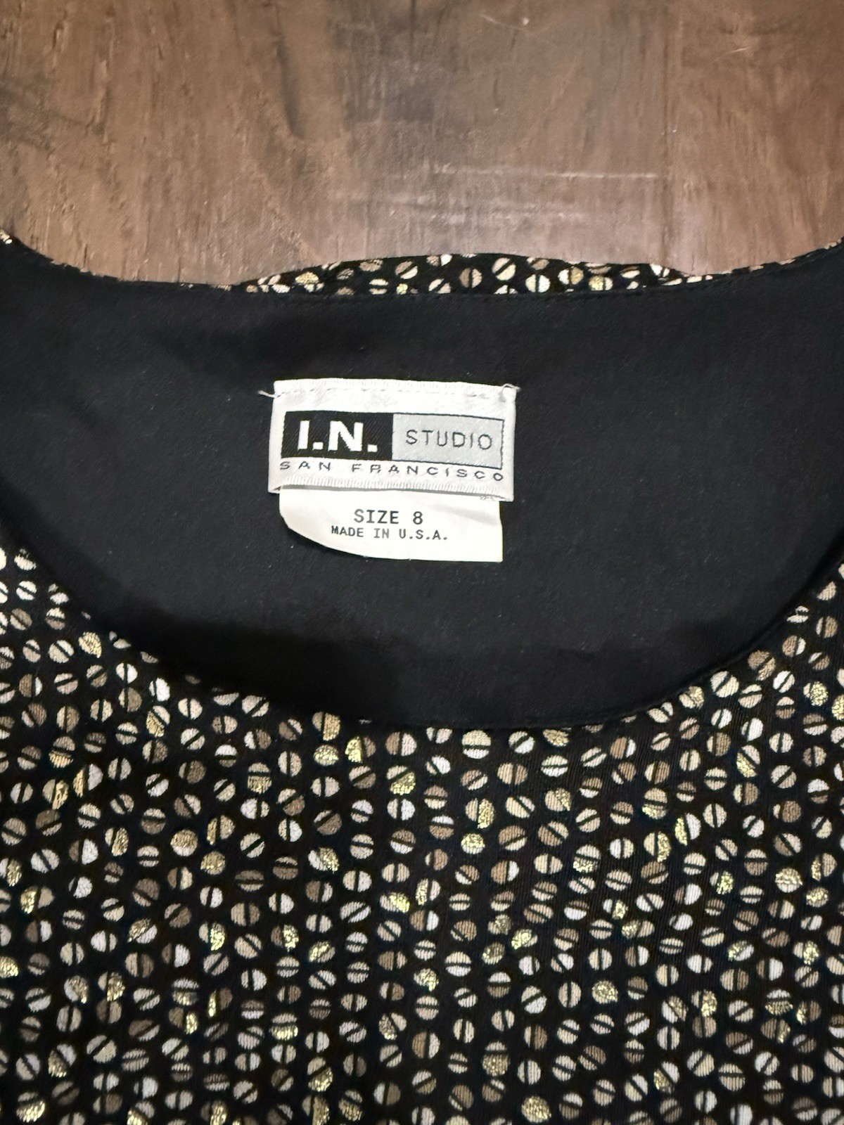 VTG 90s I.N. Studio San Francisco Long Maxi Black Gold Circle Fringe Dress Sz 8