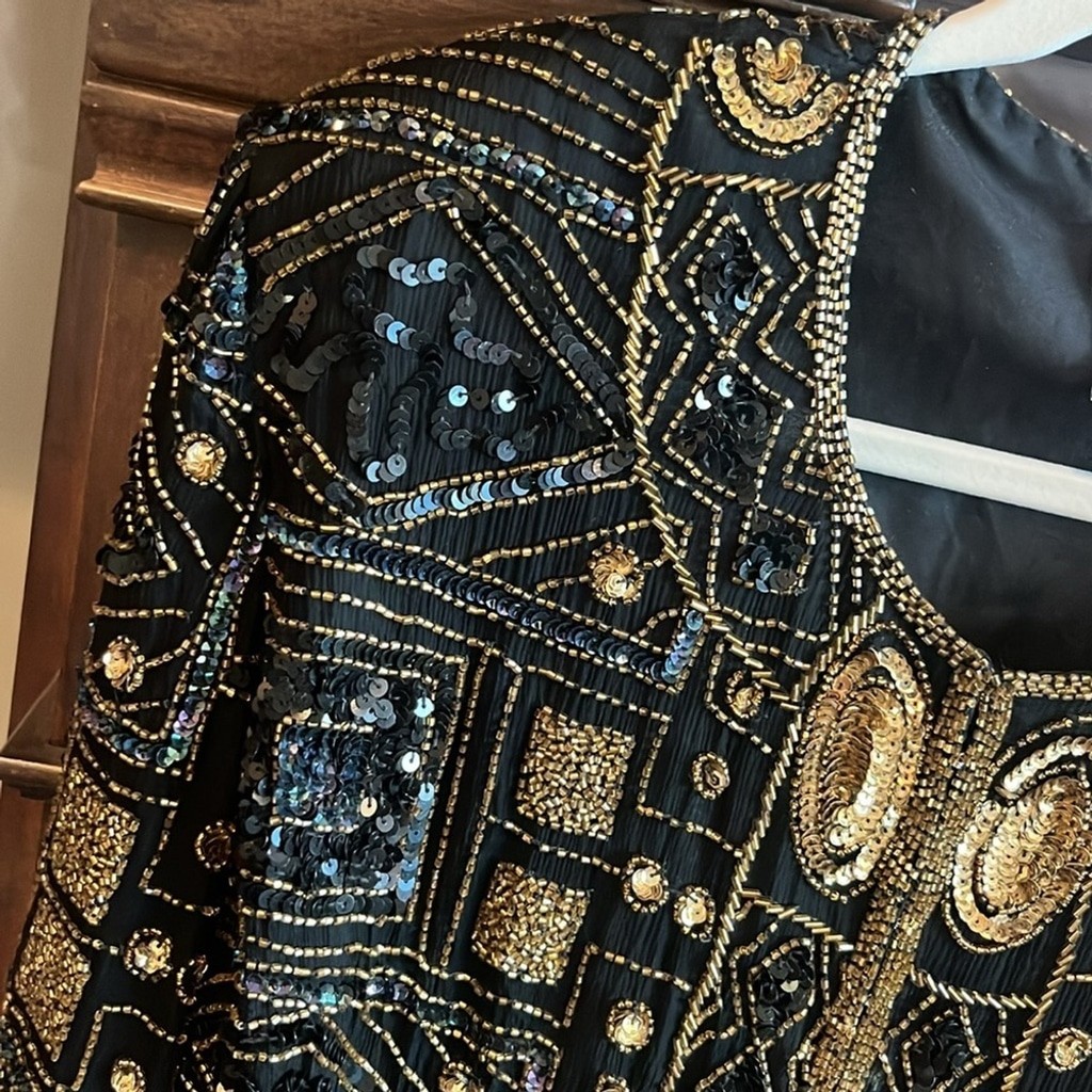 Vintage black and gold geometric beaded fancy silk formal evening jacket 1X