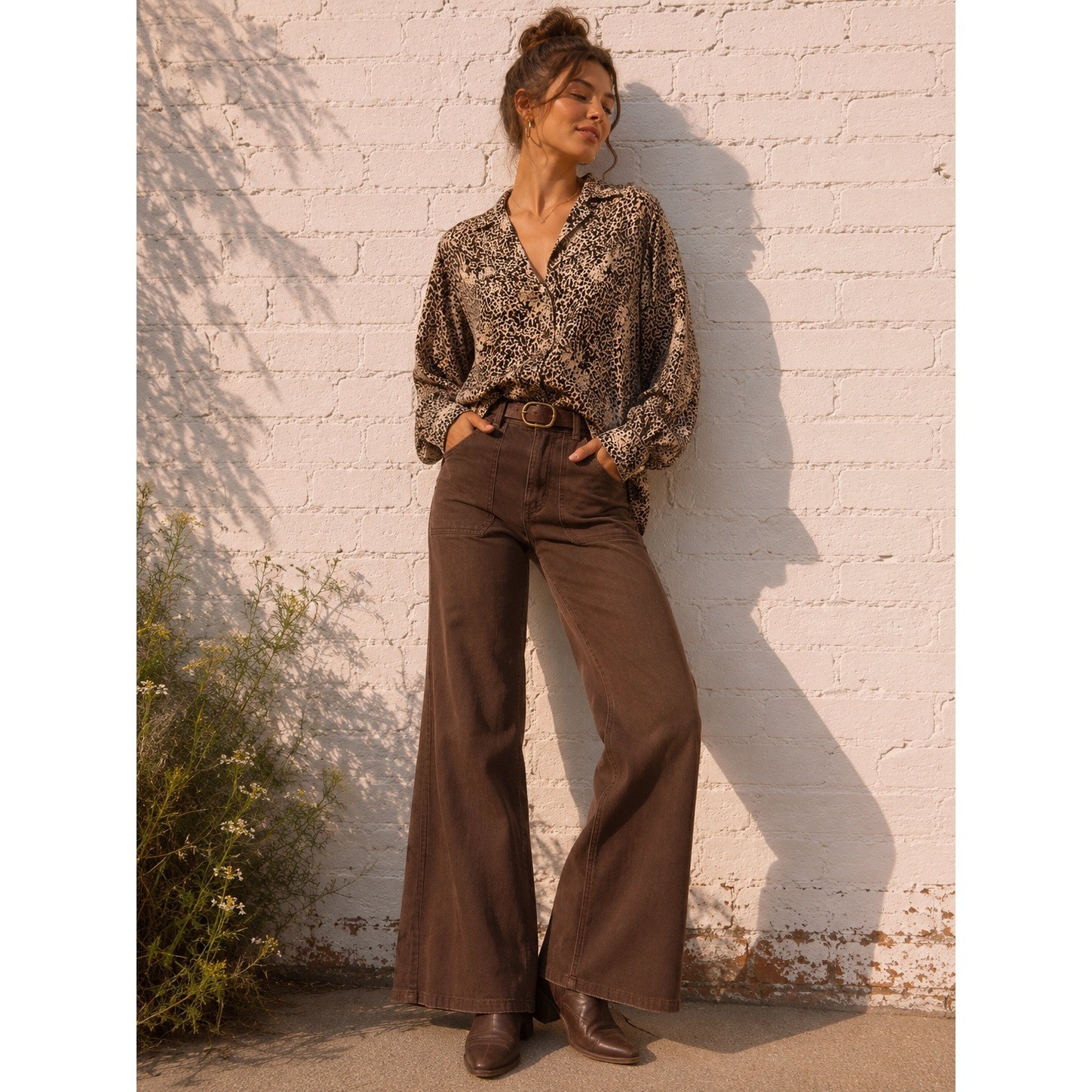 Vintage Silkland Brown Silk Leopard Print Button Up Blouse Large