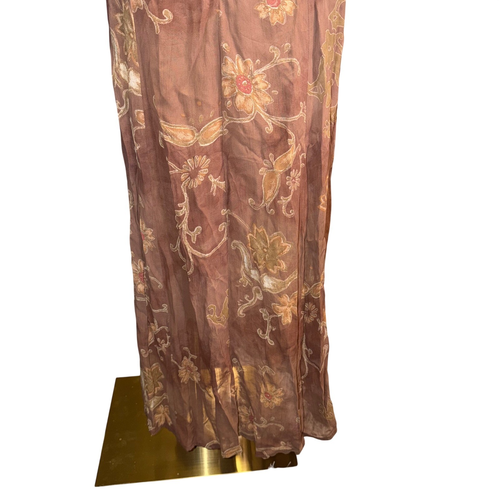 Vintage Euro Silk Blend Slip Dress Brown Floral Asymmetrical Grunge Fairycore