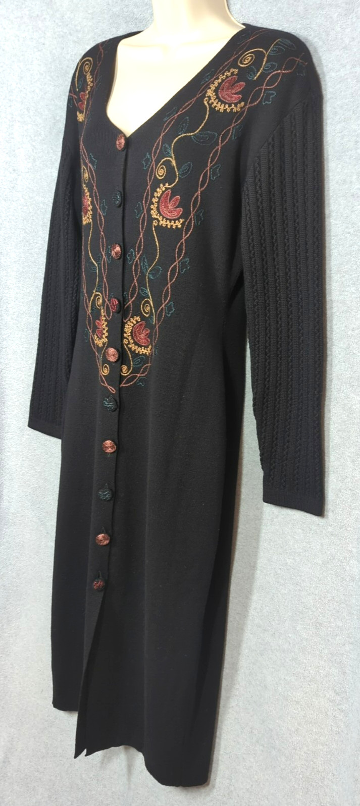 Vtg Embroidered Midi Sweater Dress M Blk Button Up Art to Wear Boho Chic Stylish