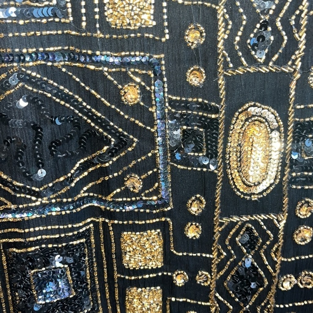 Vintage black and gold geometric beaded fancy silk formal evening jacket 1X