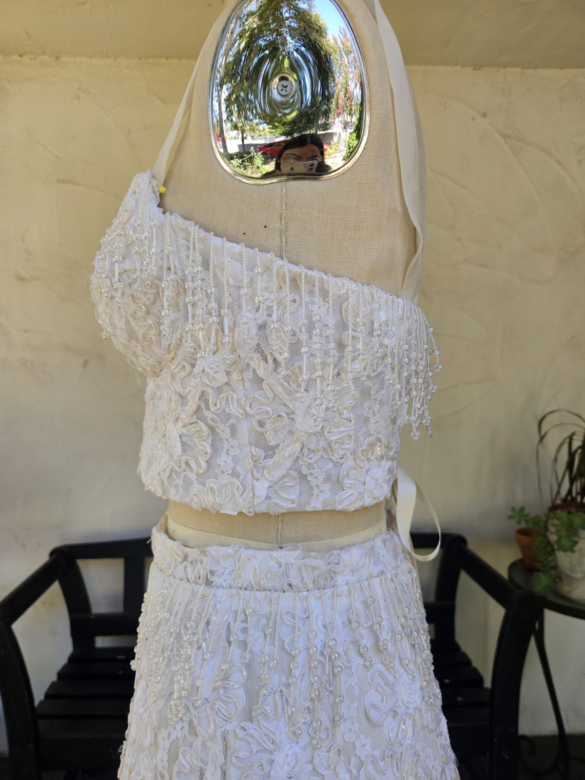 Vintage 1980s 2 Pic Wedding Dress Beaded Fringe Lace Bridal Bustier And Skirt L