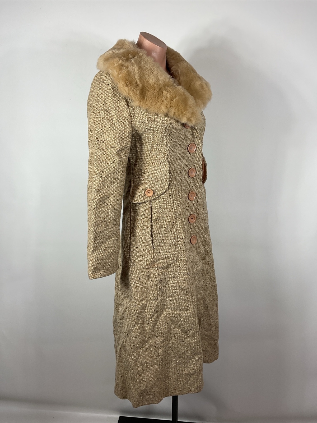 70s VTG Tweed Trench Pea Coat Shearling Lamb Collar Jacket S/M UNION NWT NEW