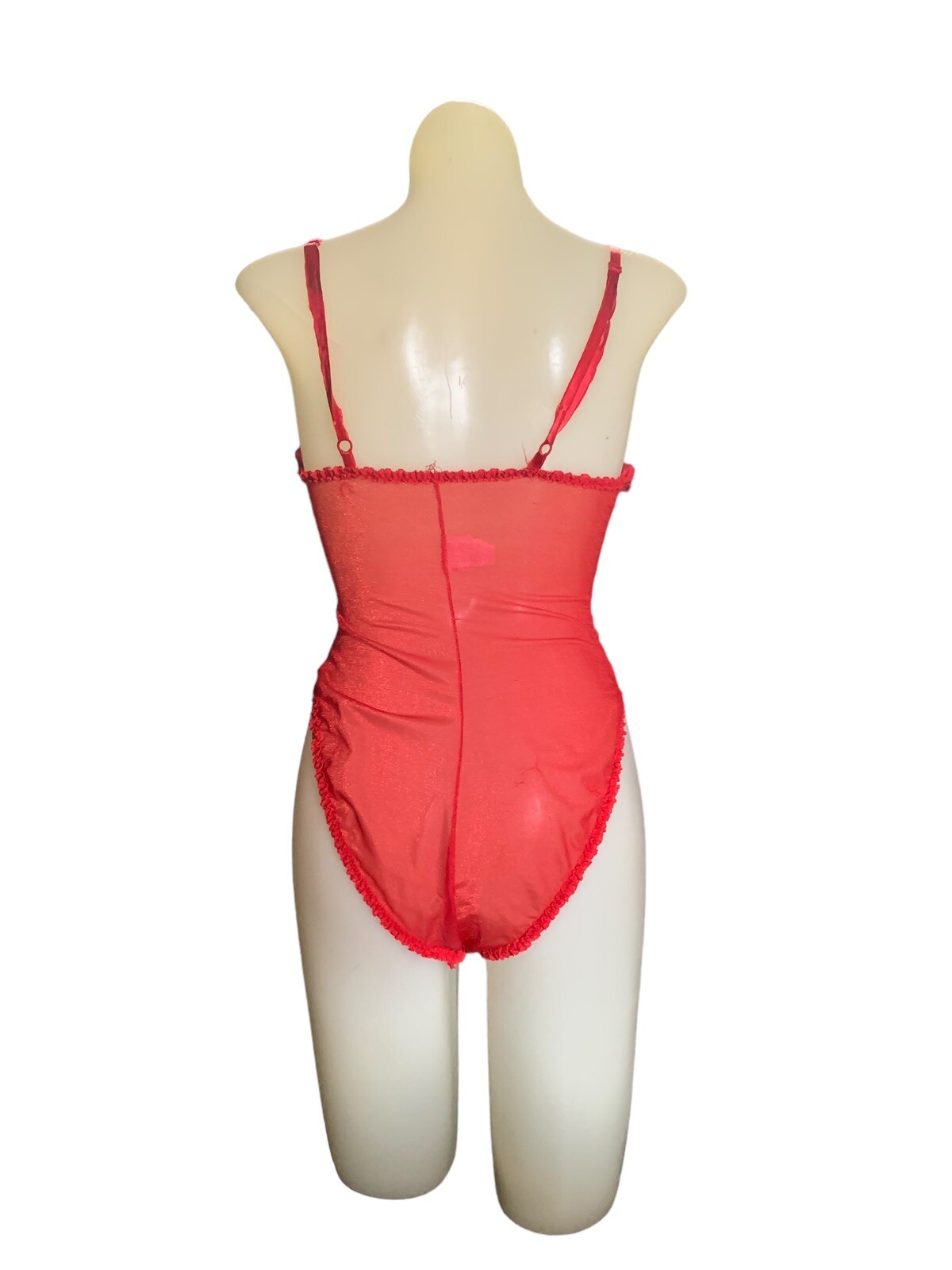 VTG E Bole GLOSSY Lipstick Red Satin Spandex TEDDY Bodysuit Bra PANTY Med Lace