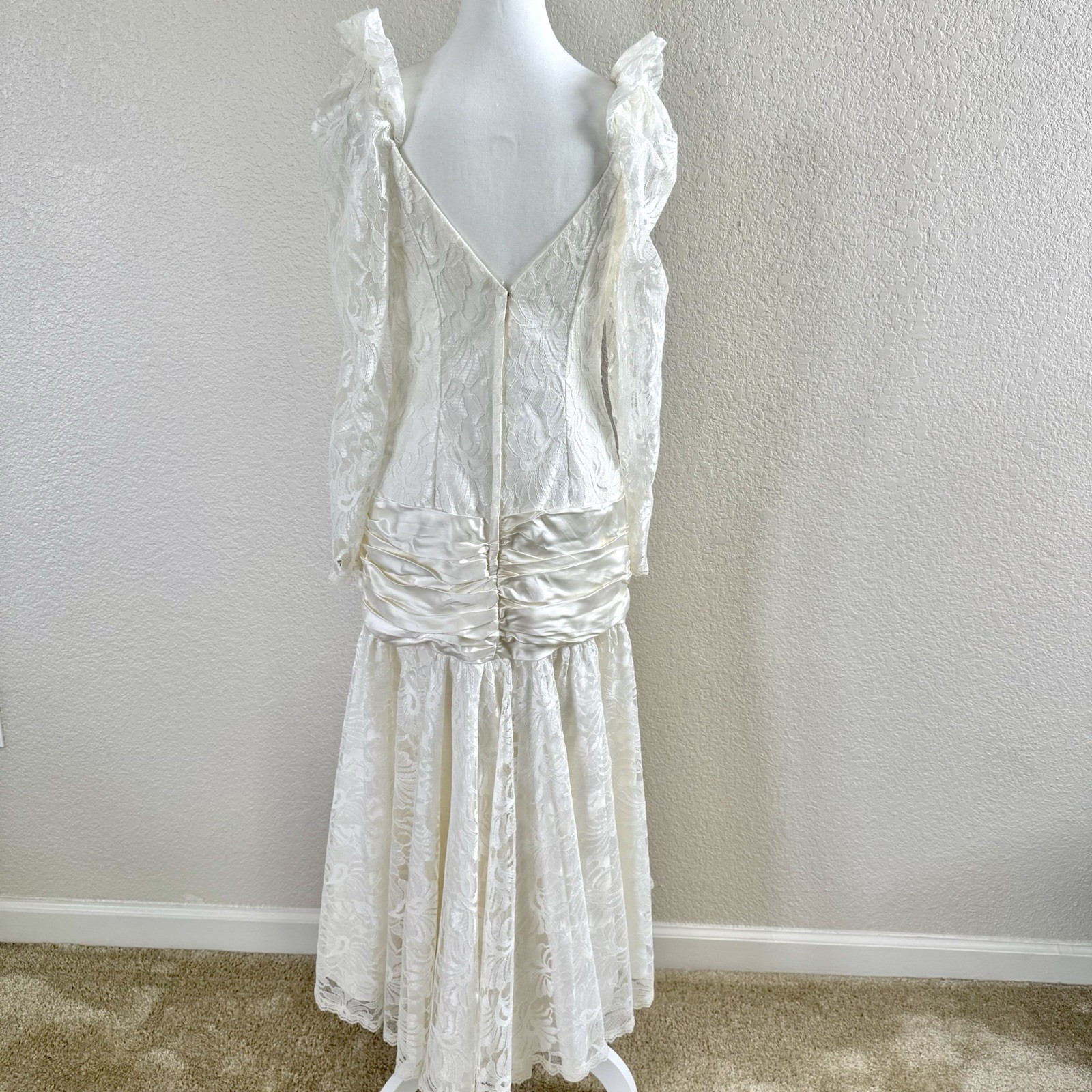 Vintage 80s Bonnell White Lace Chiffon Hi Lo Dress Wedding Prom Party Deco Sz M