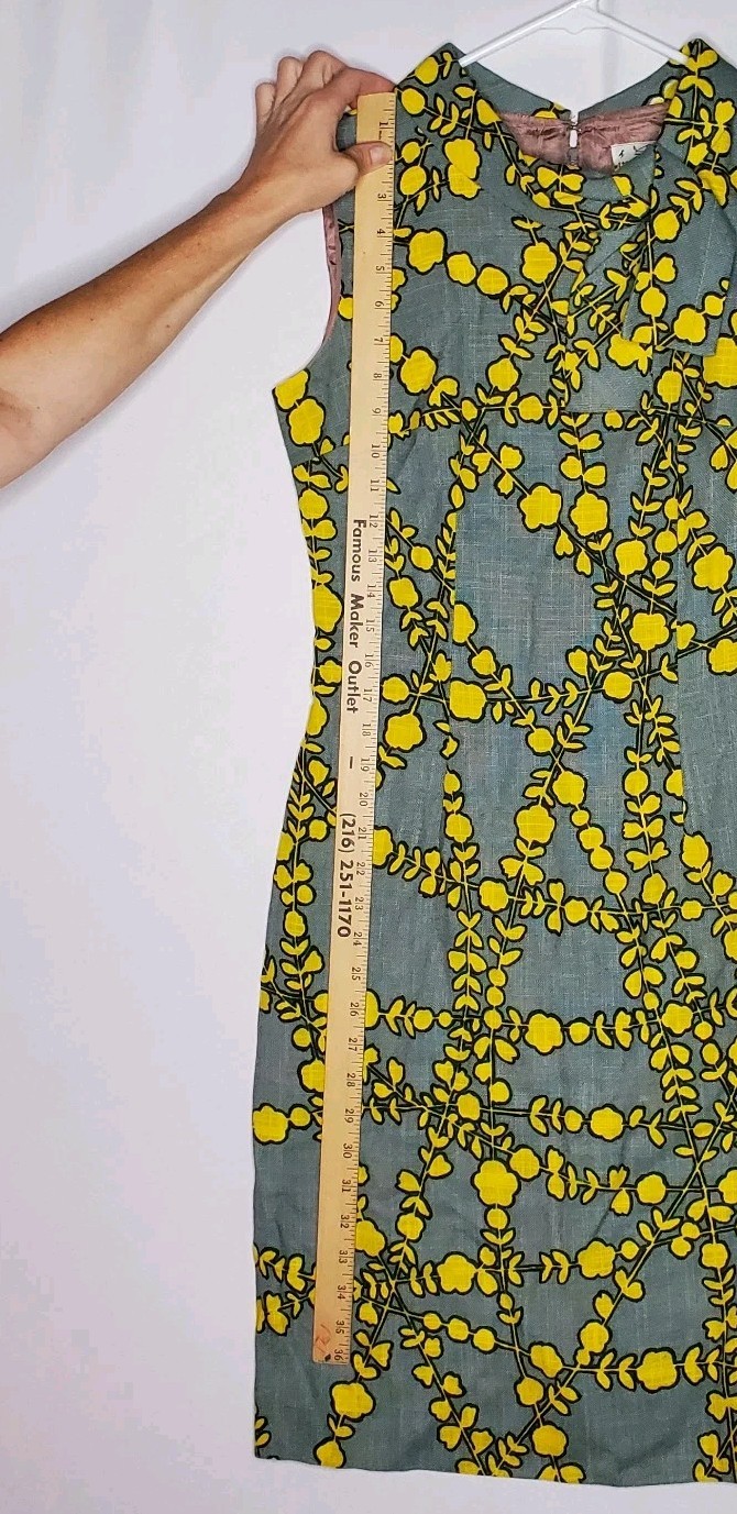 60s Vintage Sleeveless Sheath Dress Medium Blue Yellow Trellis Floral Woven Mod
