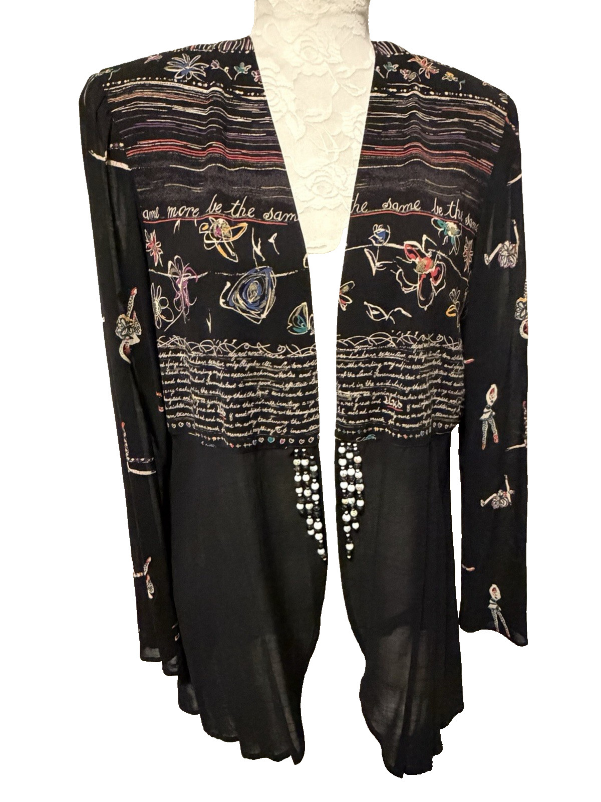 VTG 90s Platinum Dorothy Schoelen Kimono Jacket~M~Black Print Stone Tassels USA