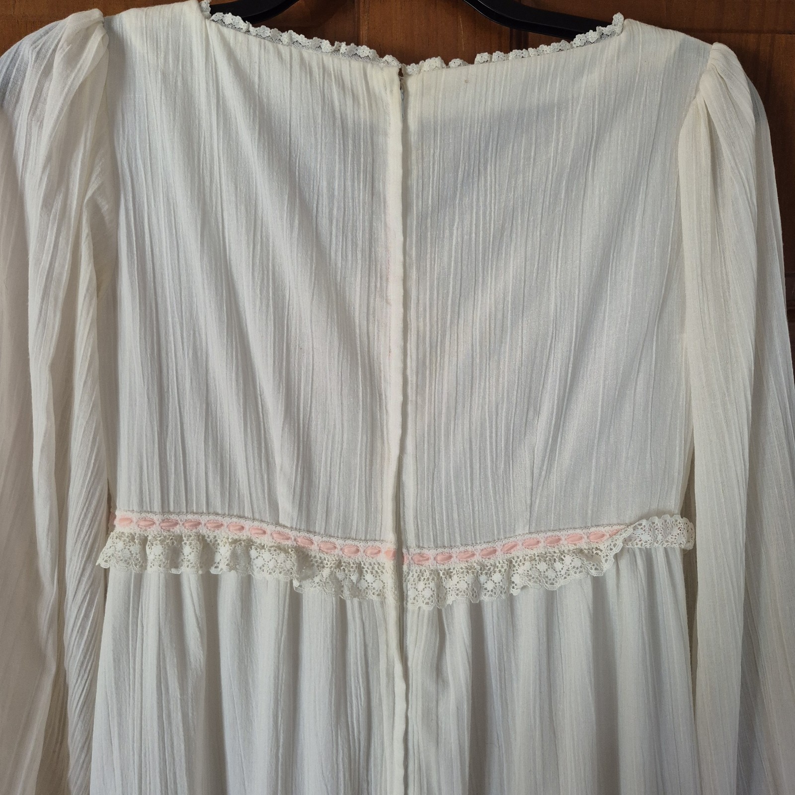 Hand Sewn, Vintage Prairie Dress, Long White Cotton Gauze, Pink Ribbon Size 12