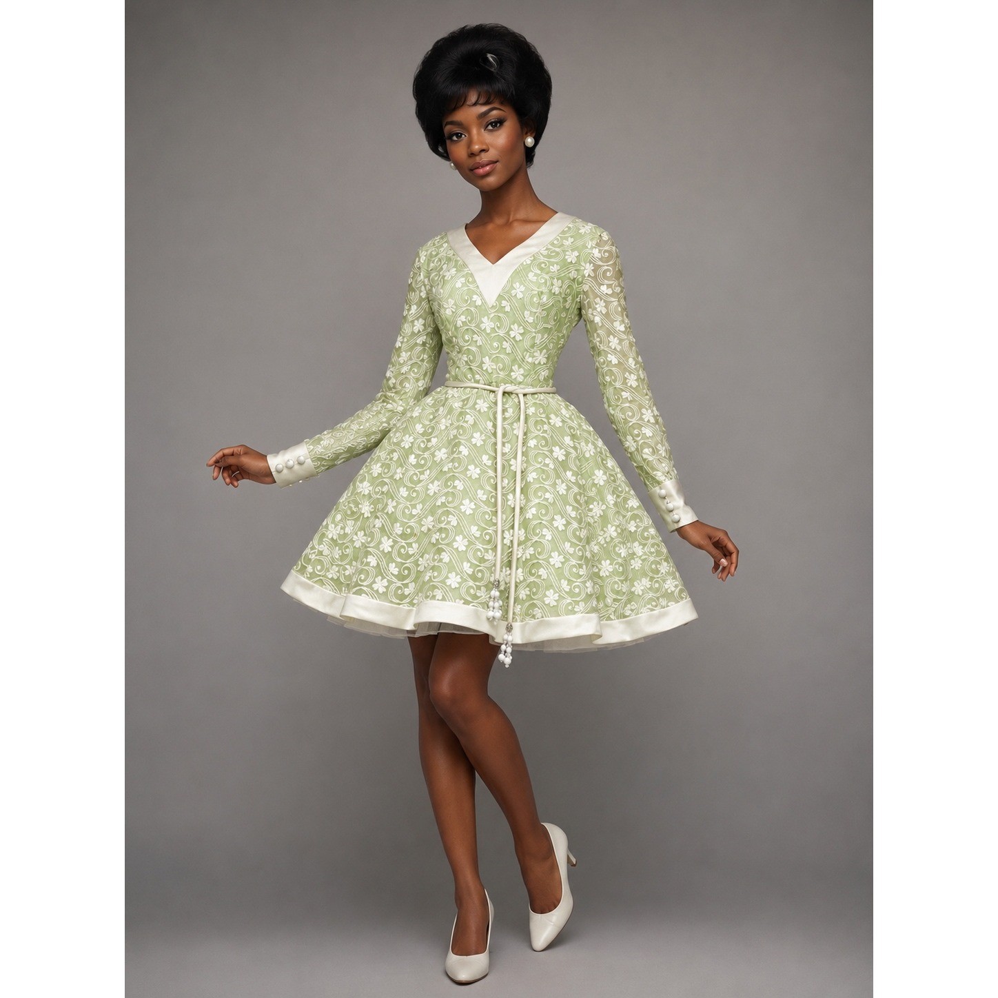 Vintage 1960s Mr Frank Original Pastel Green White Embroidered Swing Dress Mod