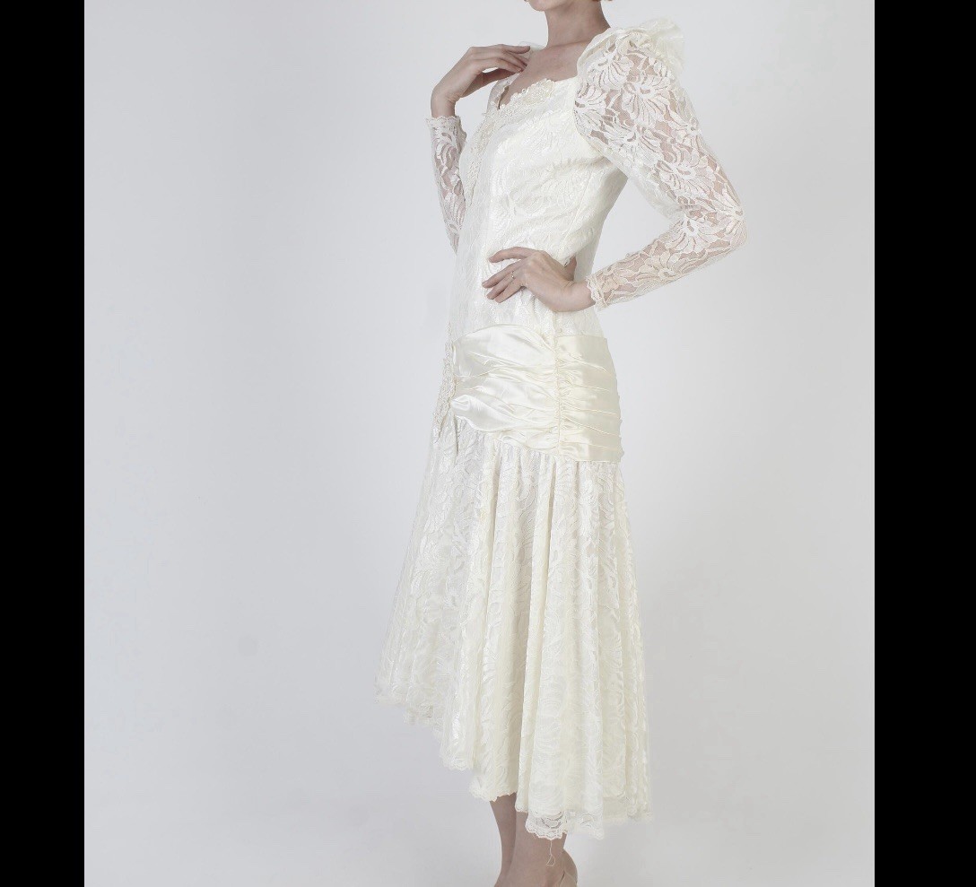 Vintage 80s Bonnell White Lace Chiffon Hi Lo Dress Wedding Prom Party Deco Sz M