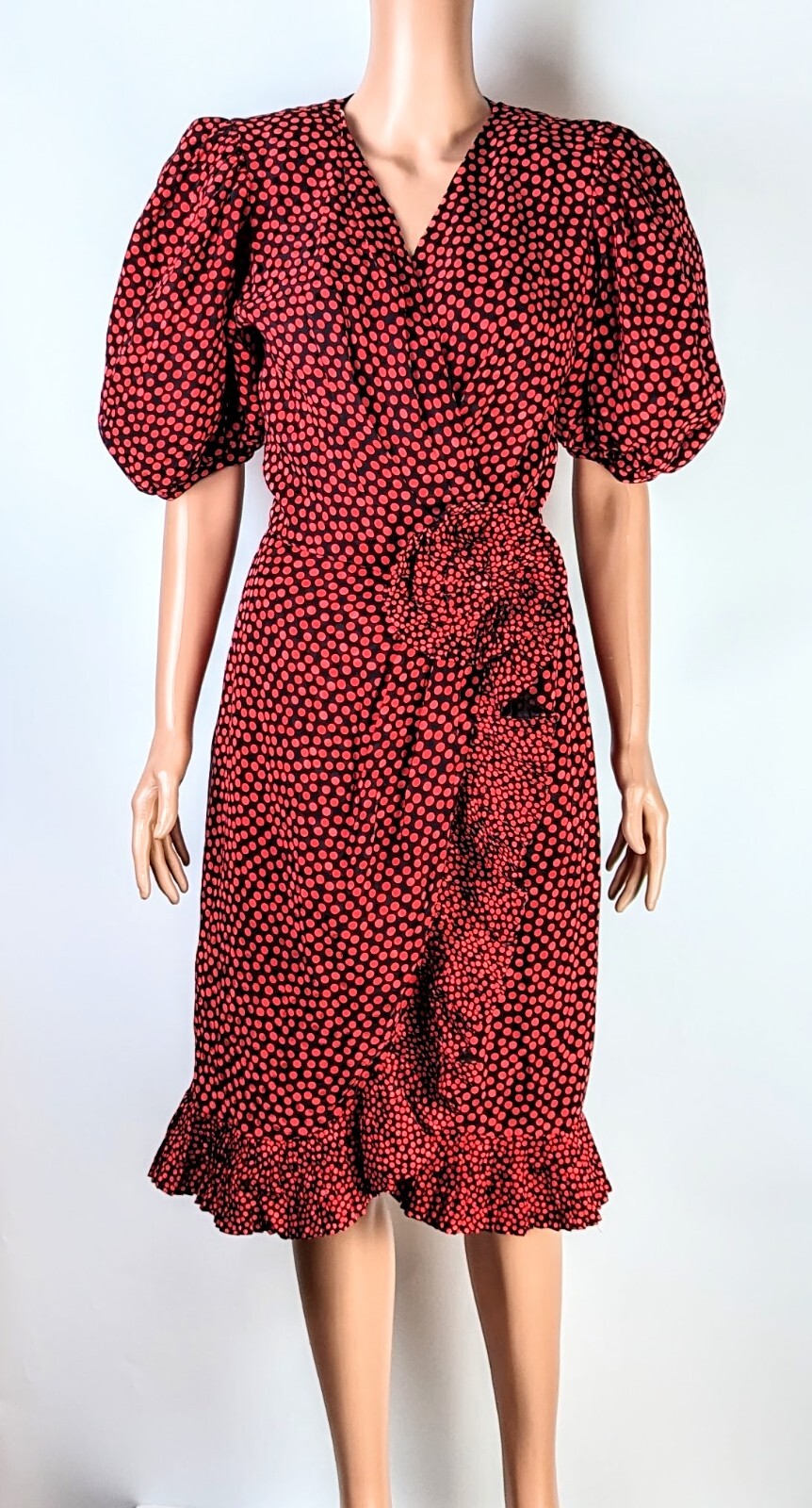 Vintage Albert Nipon 100%Silk Black & Red Polka Dots Ruffle Women’s Dress size 6