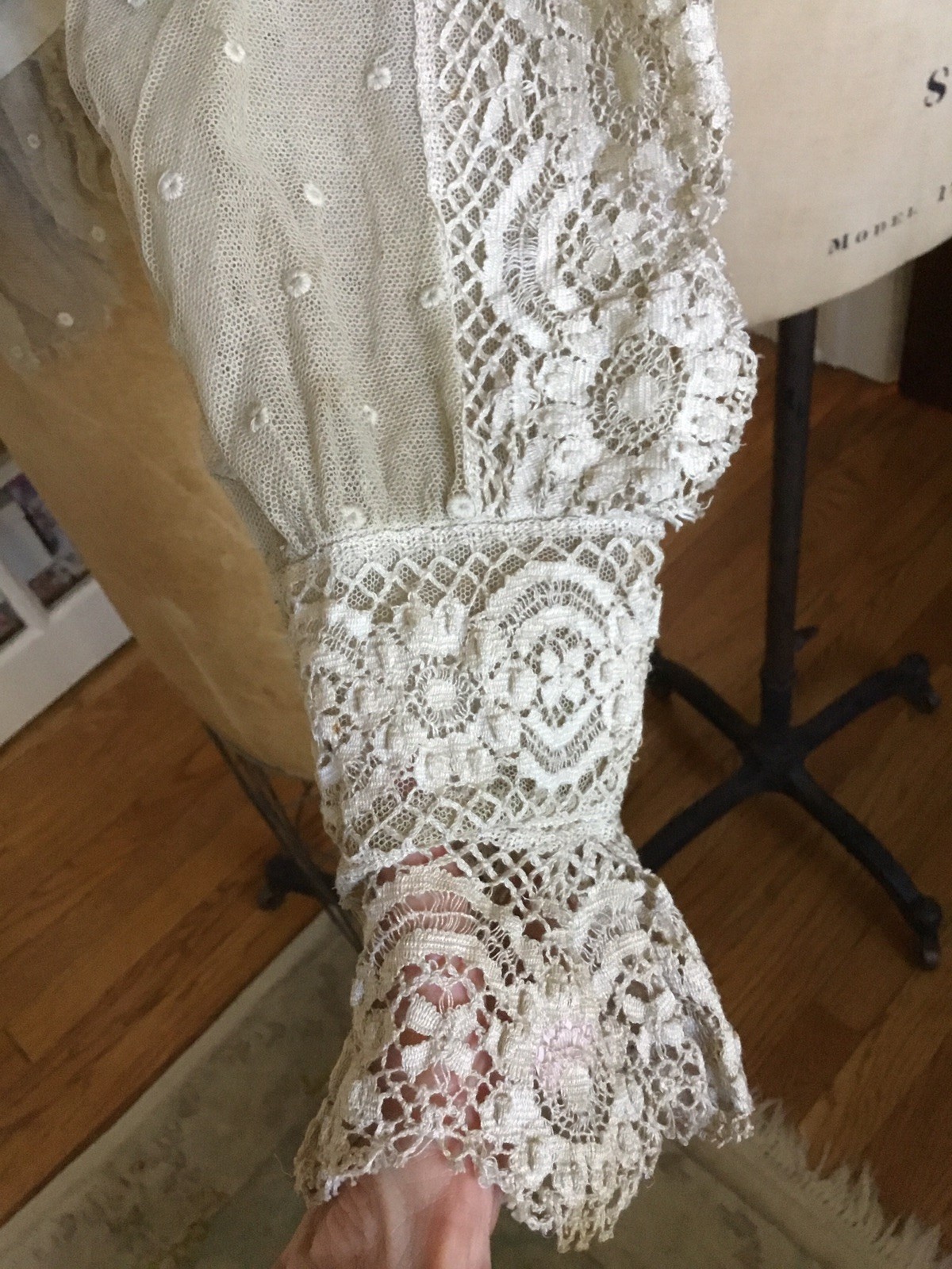 Antique Vintage Edwardian Victorian Net Blouse Lace Detail Ecru Student AS IS
