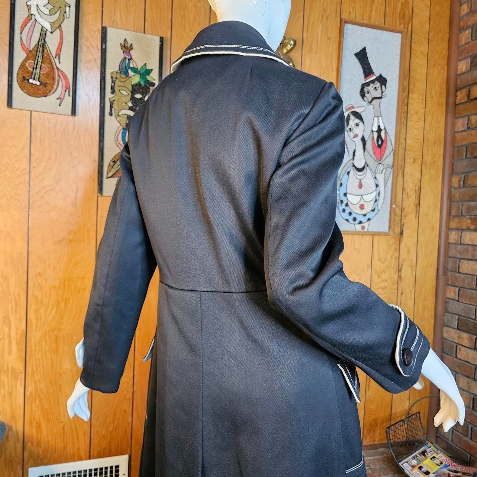 Vtg 60s Mod Youthquake Topstitch Black & White Trench Winter Quilted Rain Coat M