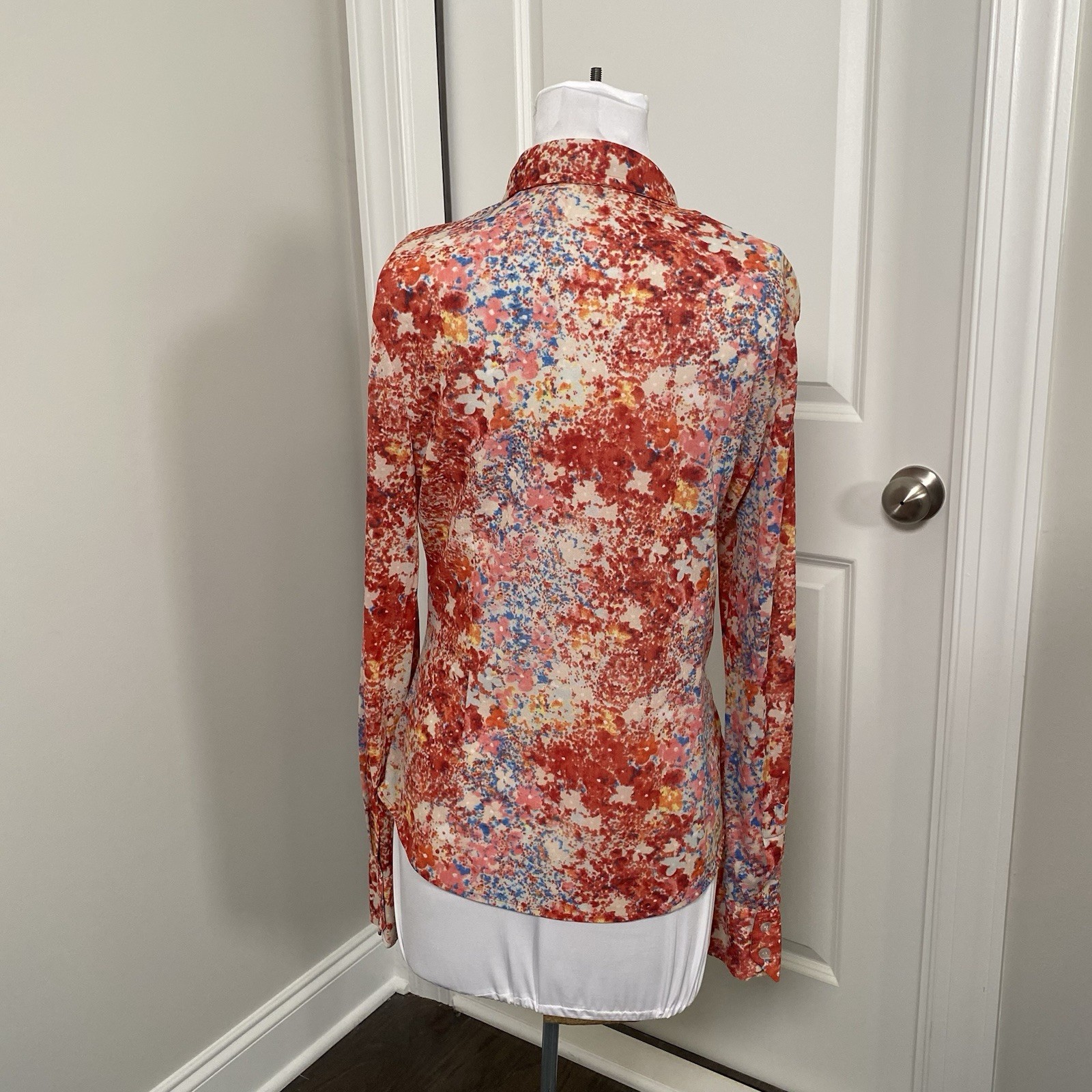 VTG 70’s Sheer Button Up Dagger Collar Shirt Red Disco Floral Secretary Size S/M