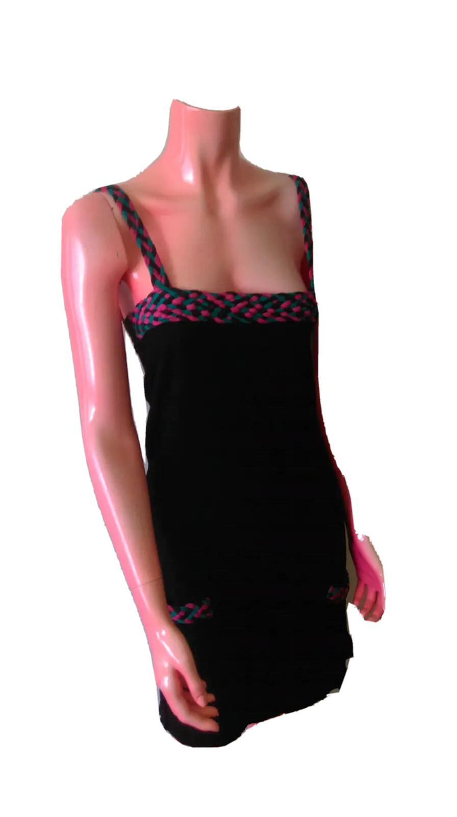 FRANKIE Sleeveless Slim Black Pink Green Chunky Knit Trim Dress Size S good cond