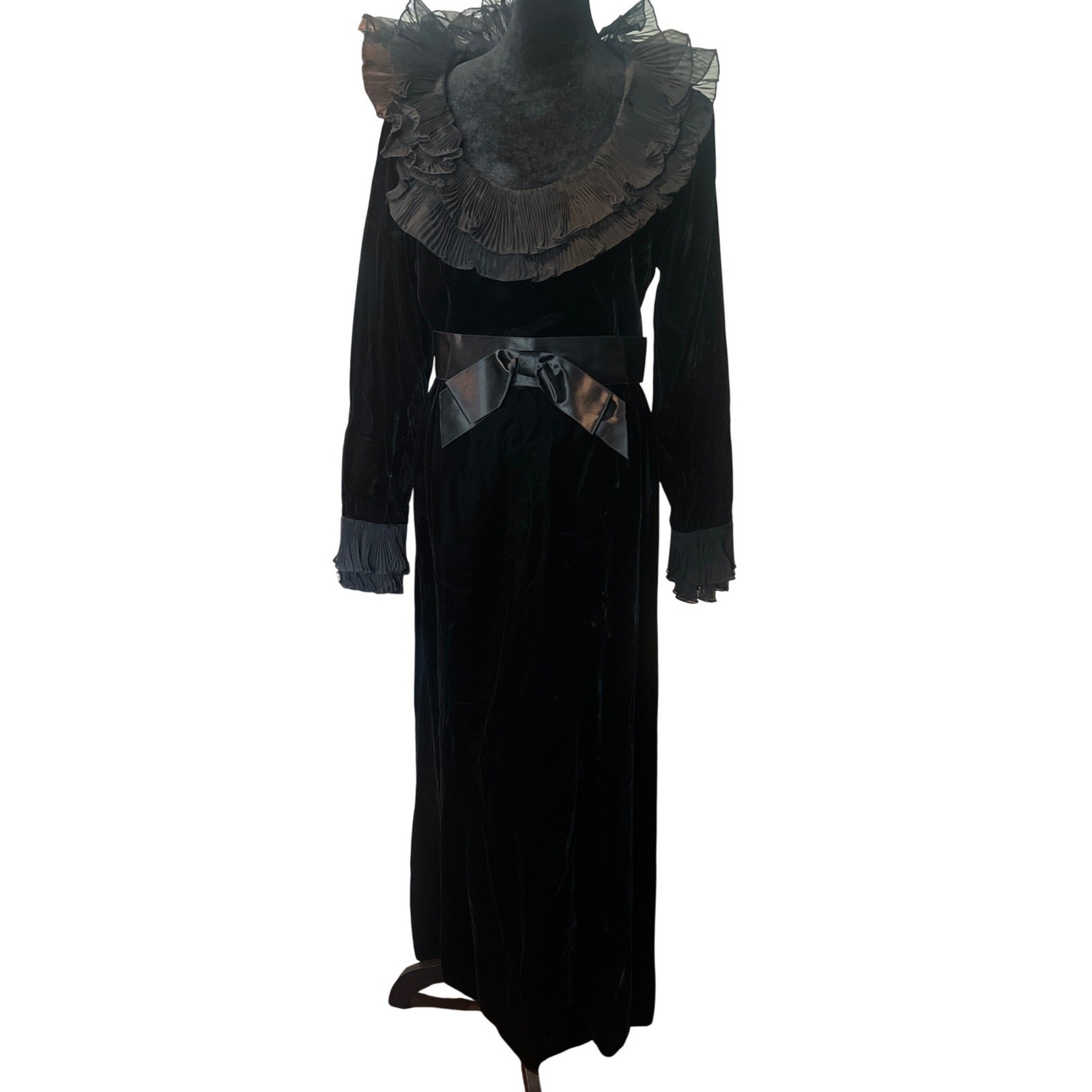 Roger Milot for Fred Perlberg Vintage Black Velvet Ruffle Maxi Dress Witchy 9/10