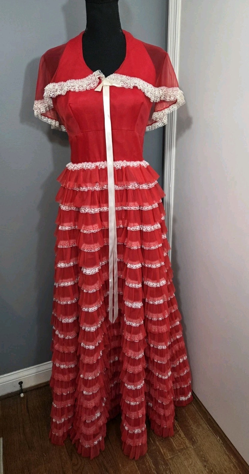 Vtg 50’s Nadine Cupcake Gown Prom Red White Ruffled Tiered Dress Lace Sz 9