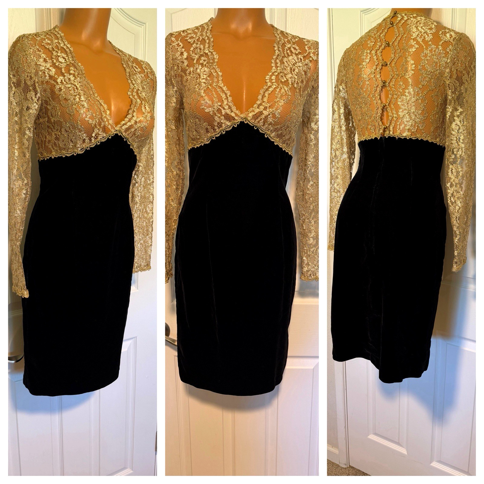 VTG 80’S SCOTT McCLINTOCK BLACK VELVET W/ METALLIC GOLD LACE DRESS SZ 4 (S)