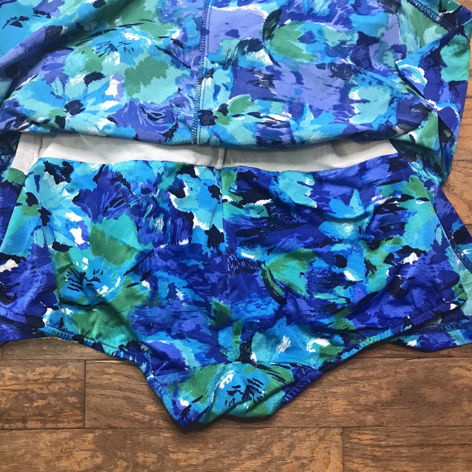 Maxine of Hollywood Size 14 Vintage Bathing Suit Blue Floral Print Belted