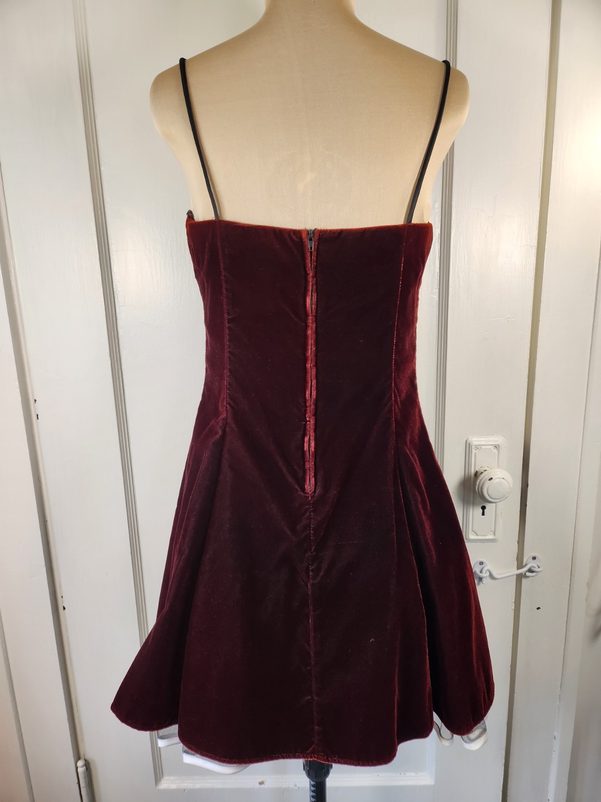 Vtg NWT 90s Y2K Empire Waist Bow Rhinestone Velvet Mini Dress Burgundy