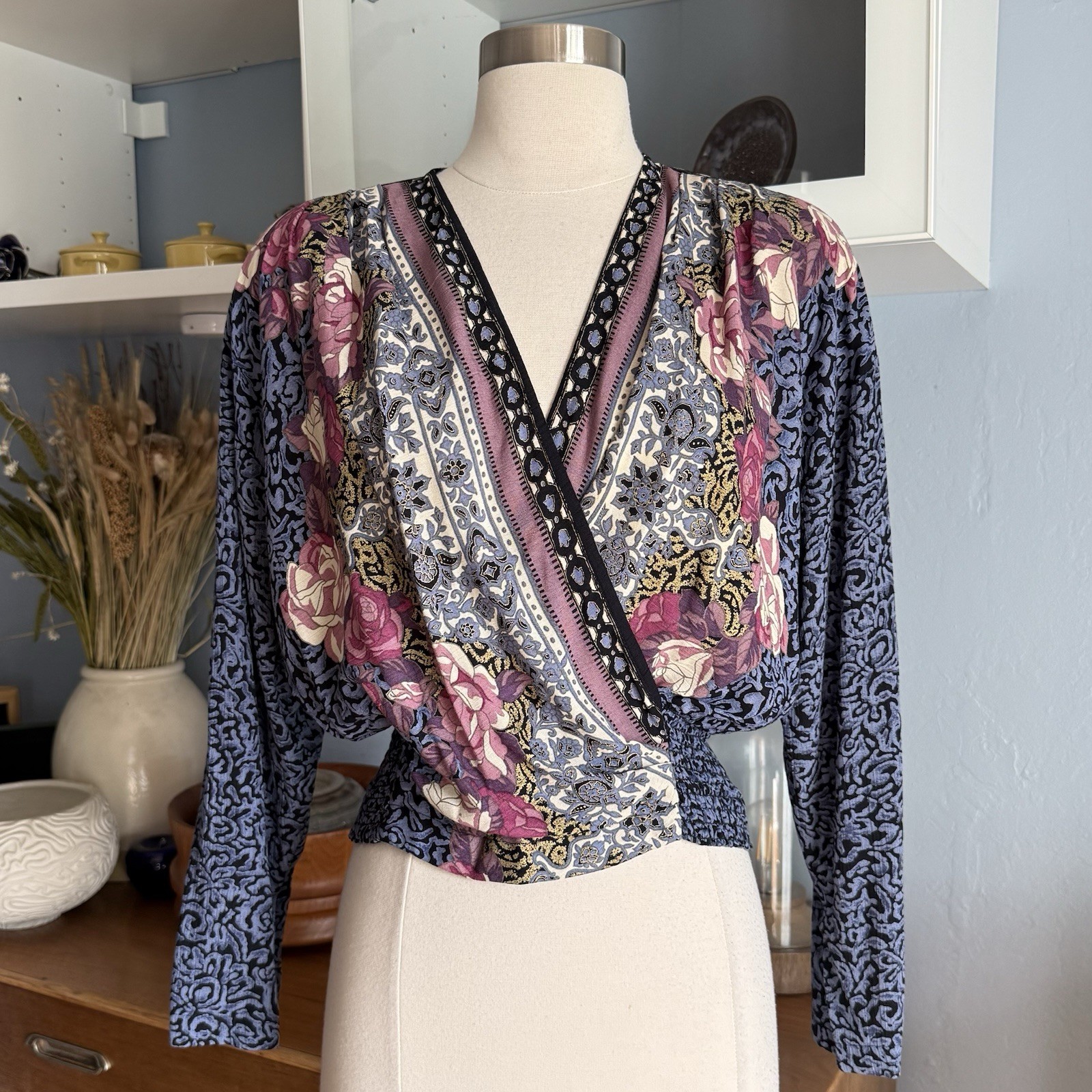 Carole Little Petites Vintage 90s Floral Front Wrap Crop Top Blouse S/M Boho