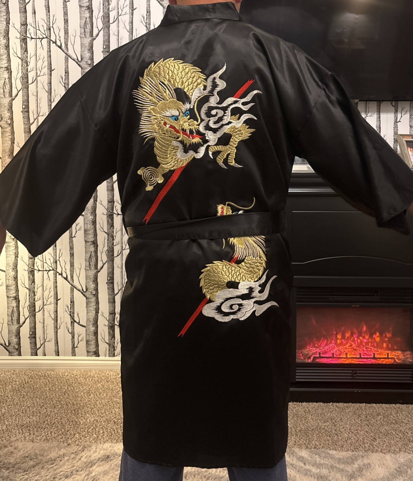 Ichiban Vintage Japanese Kimono Robe Black Satin Dragon Embroidered