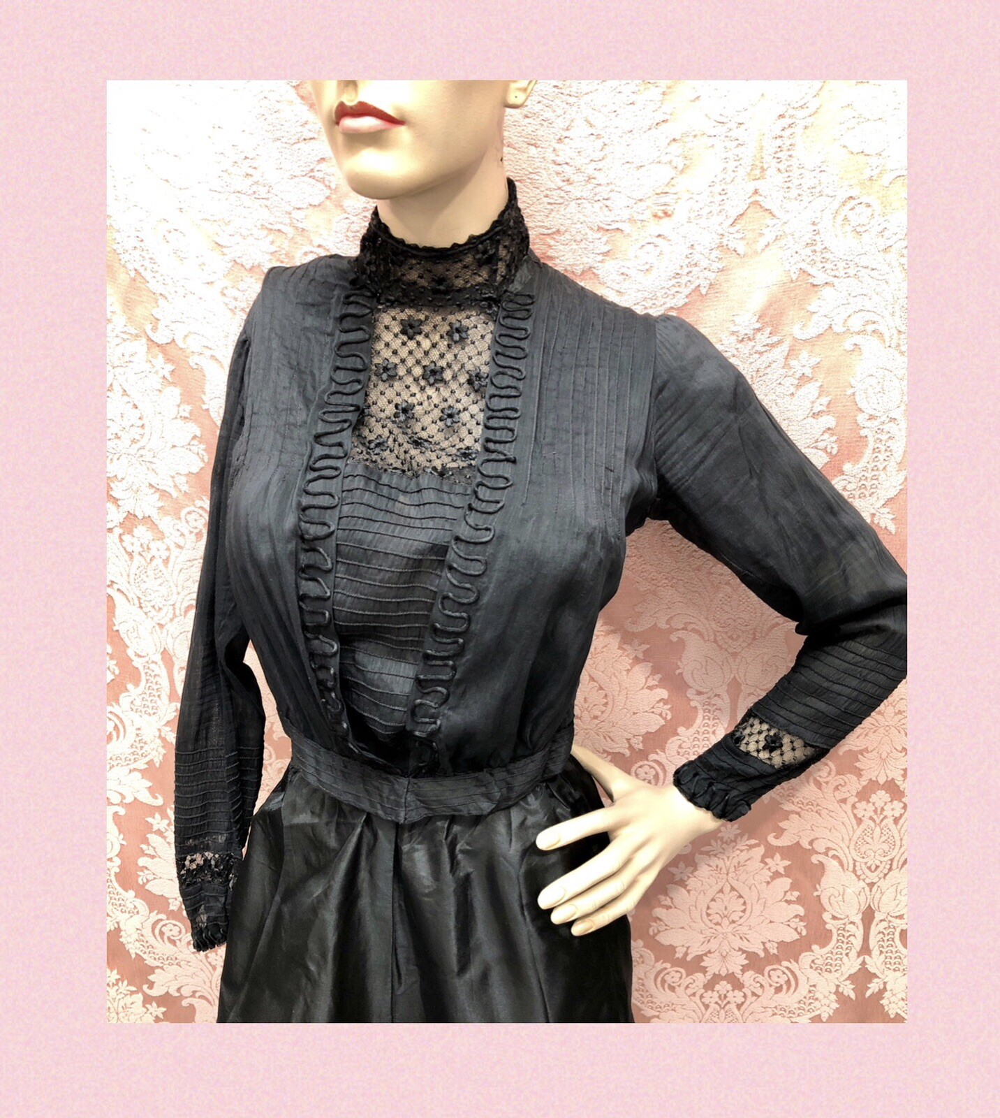 VICTORIAN 1900s GIBSON GIRL Black RAW SILK SOUTACHE & Point d’Esprit Lace BODICE