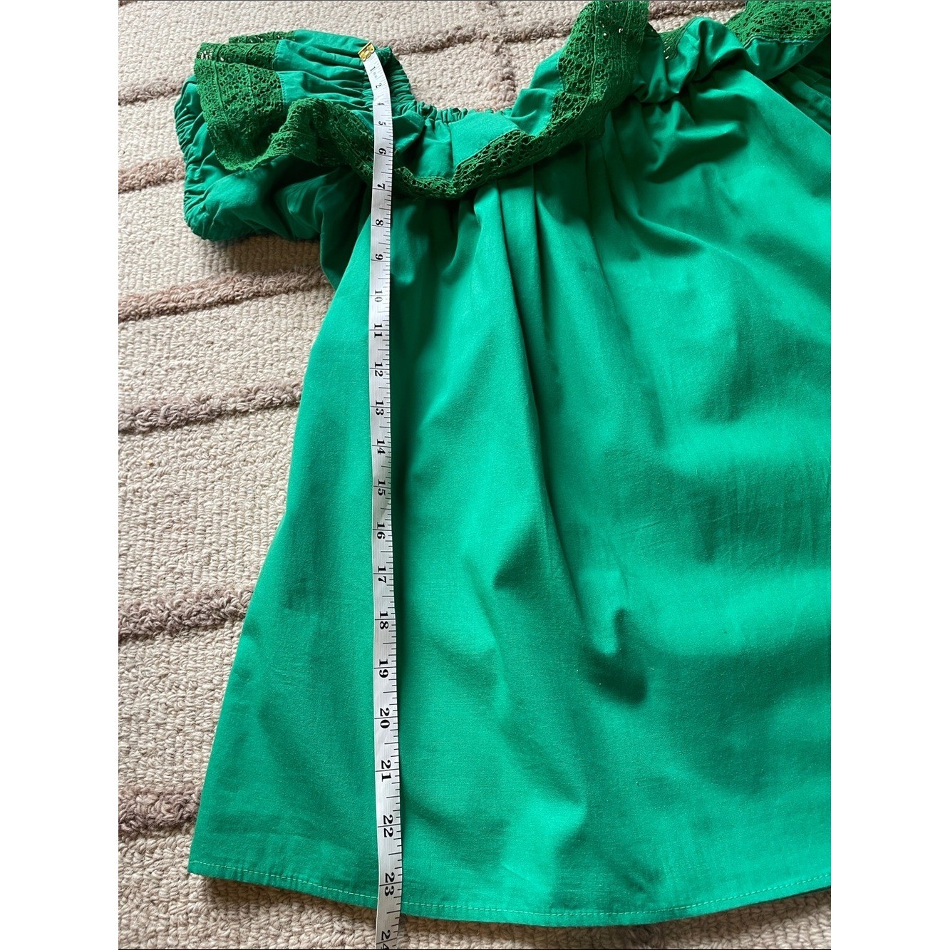 Vintage 70s Tachi Castillo Green Off-Shoulder Peasant Blouse Lace Trim Size M