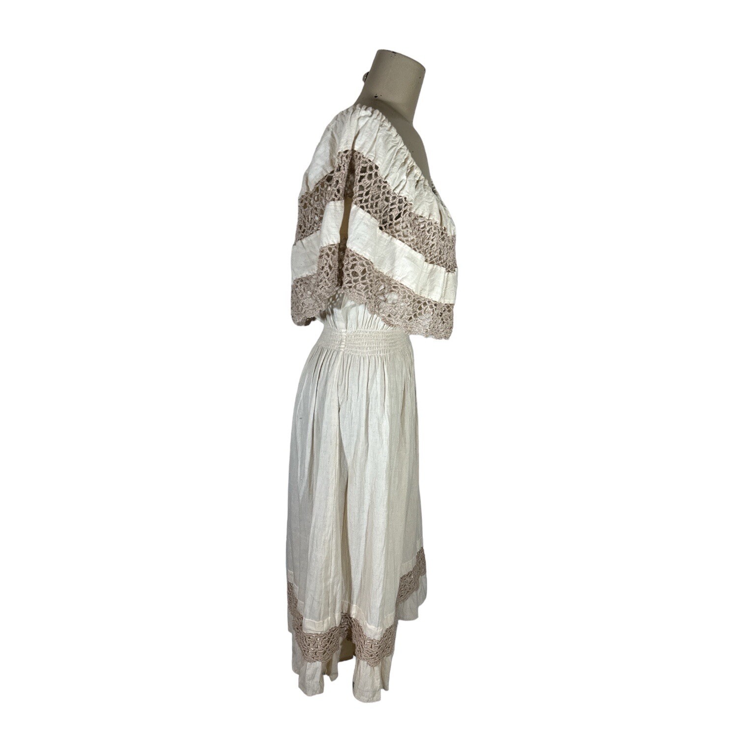 Vintage Monica Richards Boho Mexican Off Shoulder Linen Dress Cottage Ethnic