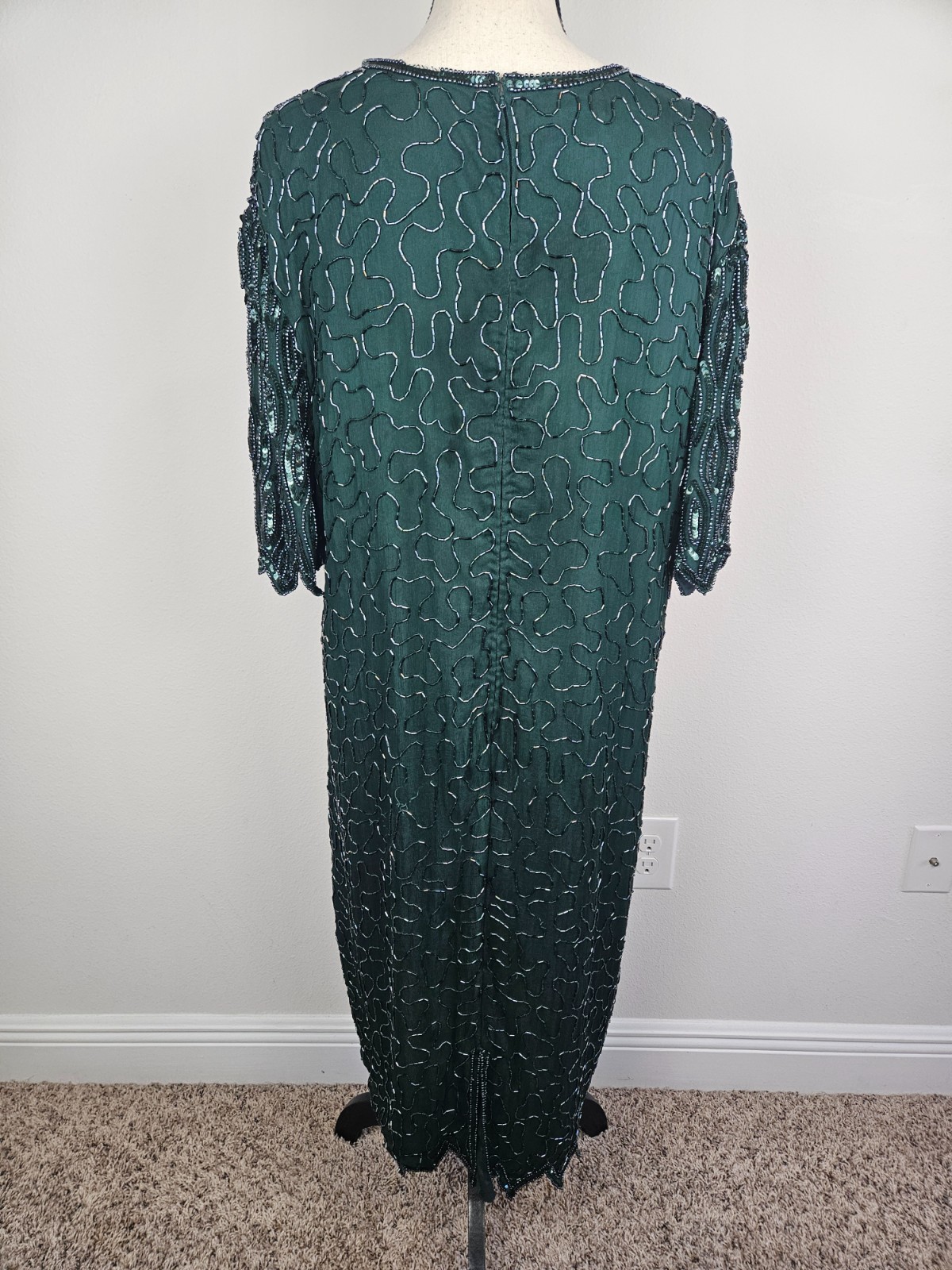 Women’s Vintage Beaded 100% Silk Emerald Green Dress Size 2X