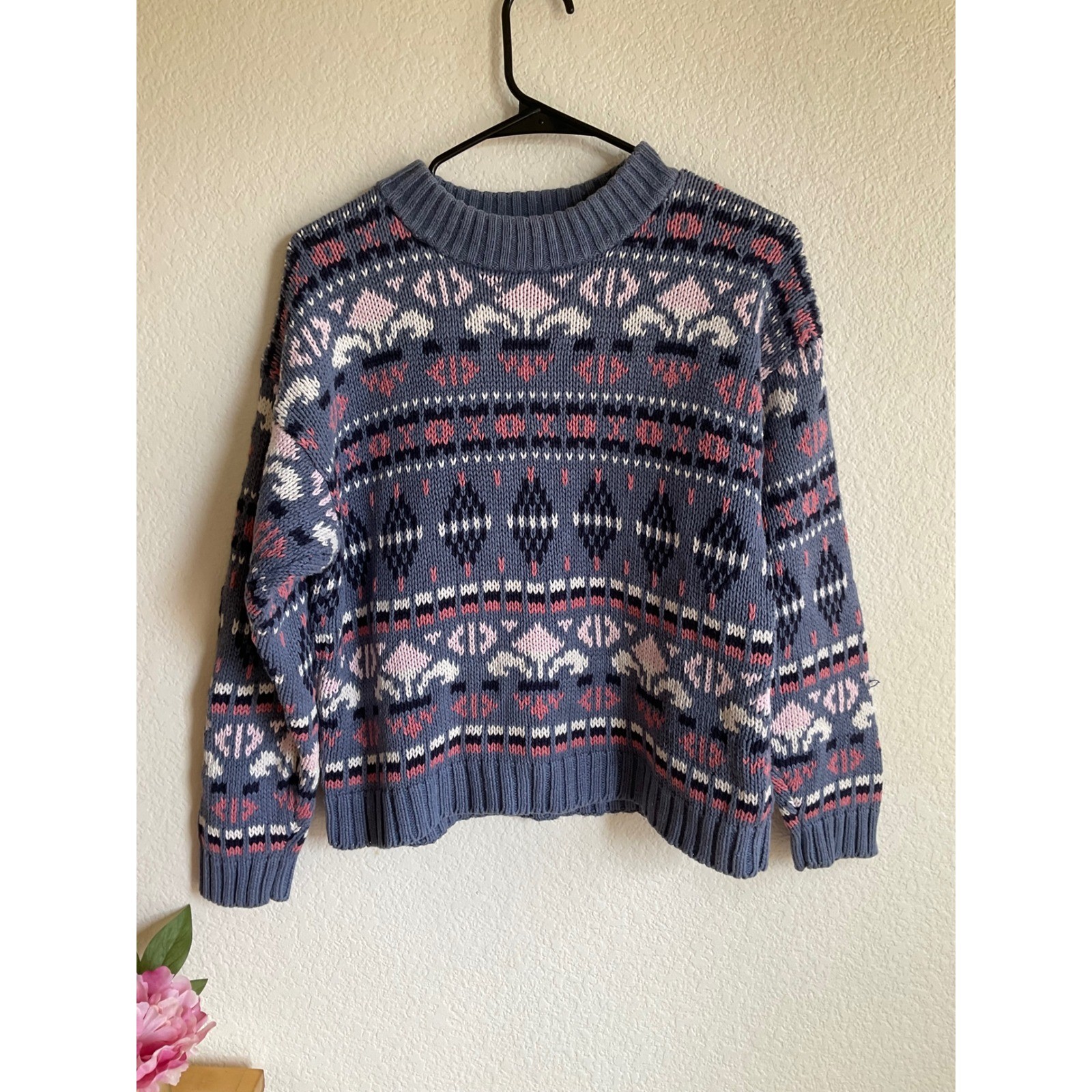 Paris Sport Club Vintage Fair Isle Sweater Blue Pink Ramie Cotton Womens Medium