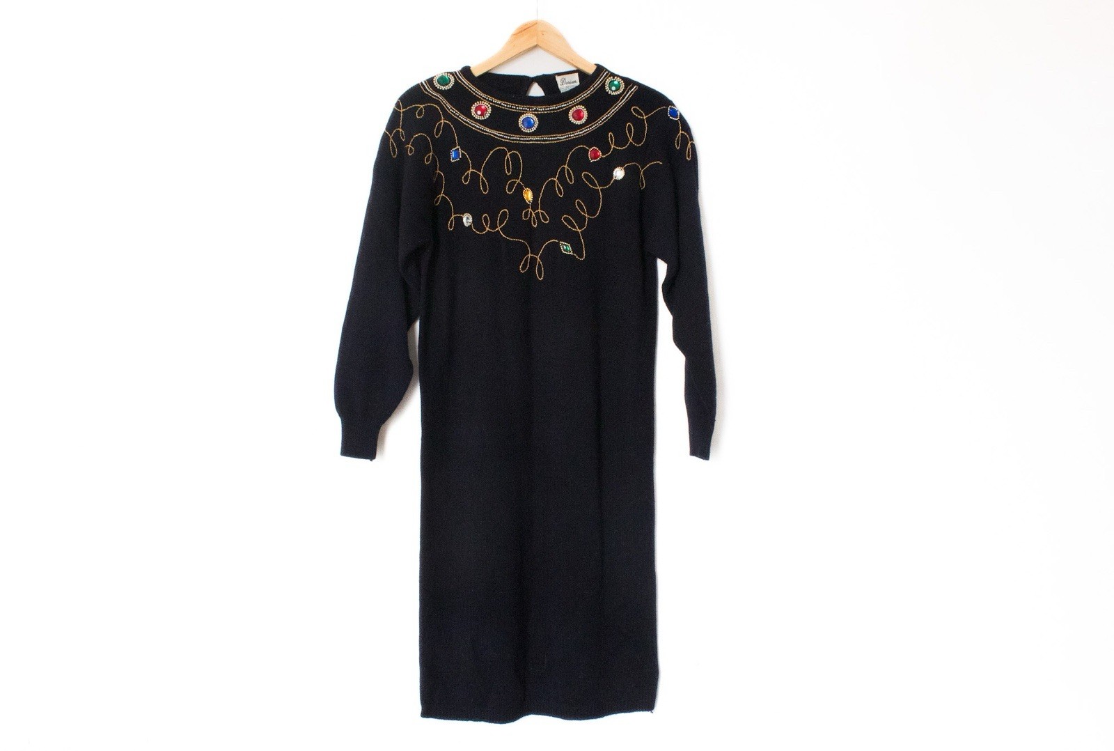 Darian | Vintage 80’s Black Jeweled Long Sleeved Sweater Dress | Size Medium