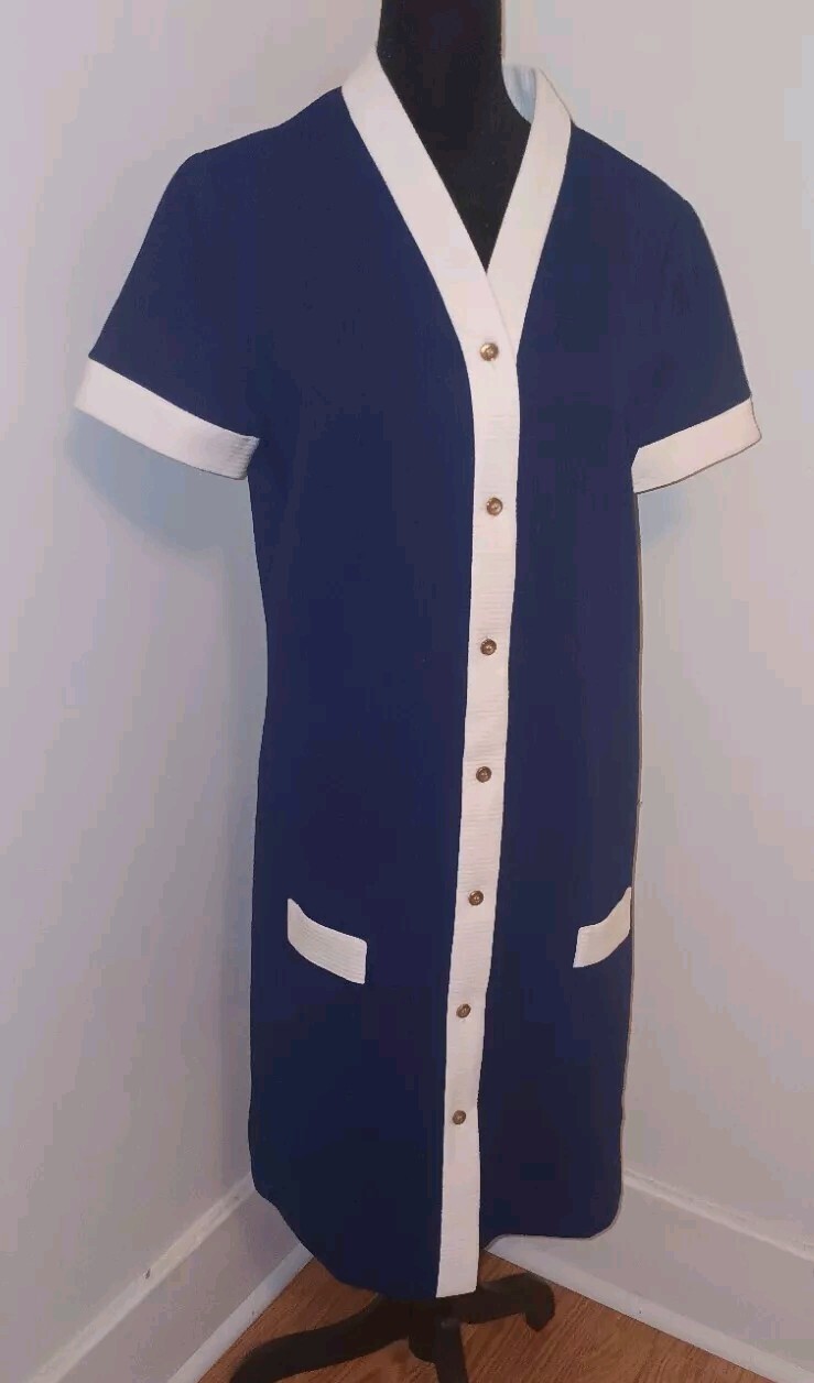 1960s Navy Blue Knit Shirt Dress Ribbed Waitress Stewardess Pockets Size 16 VTG